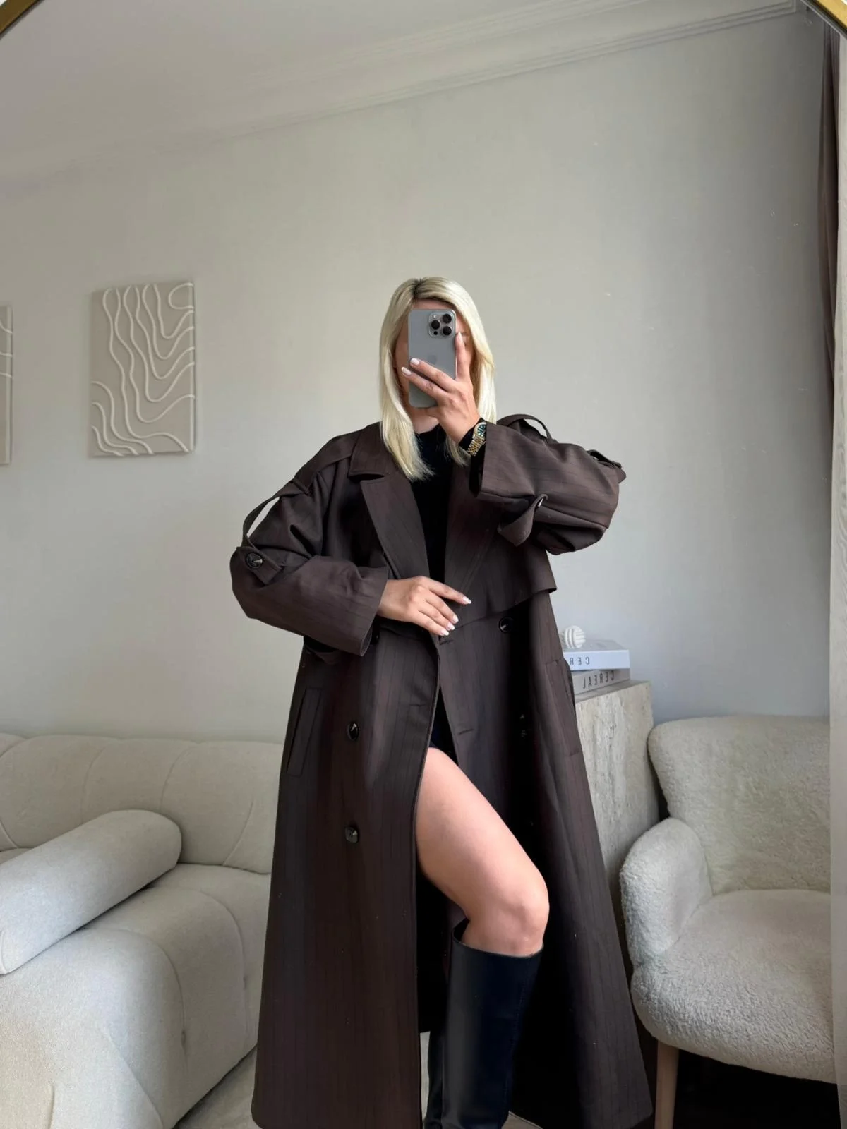 Çizgili Premium Oversize Trençkot - KAHVE