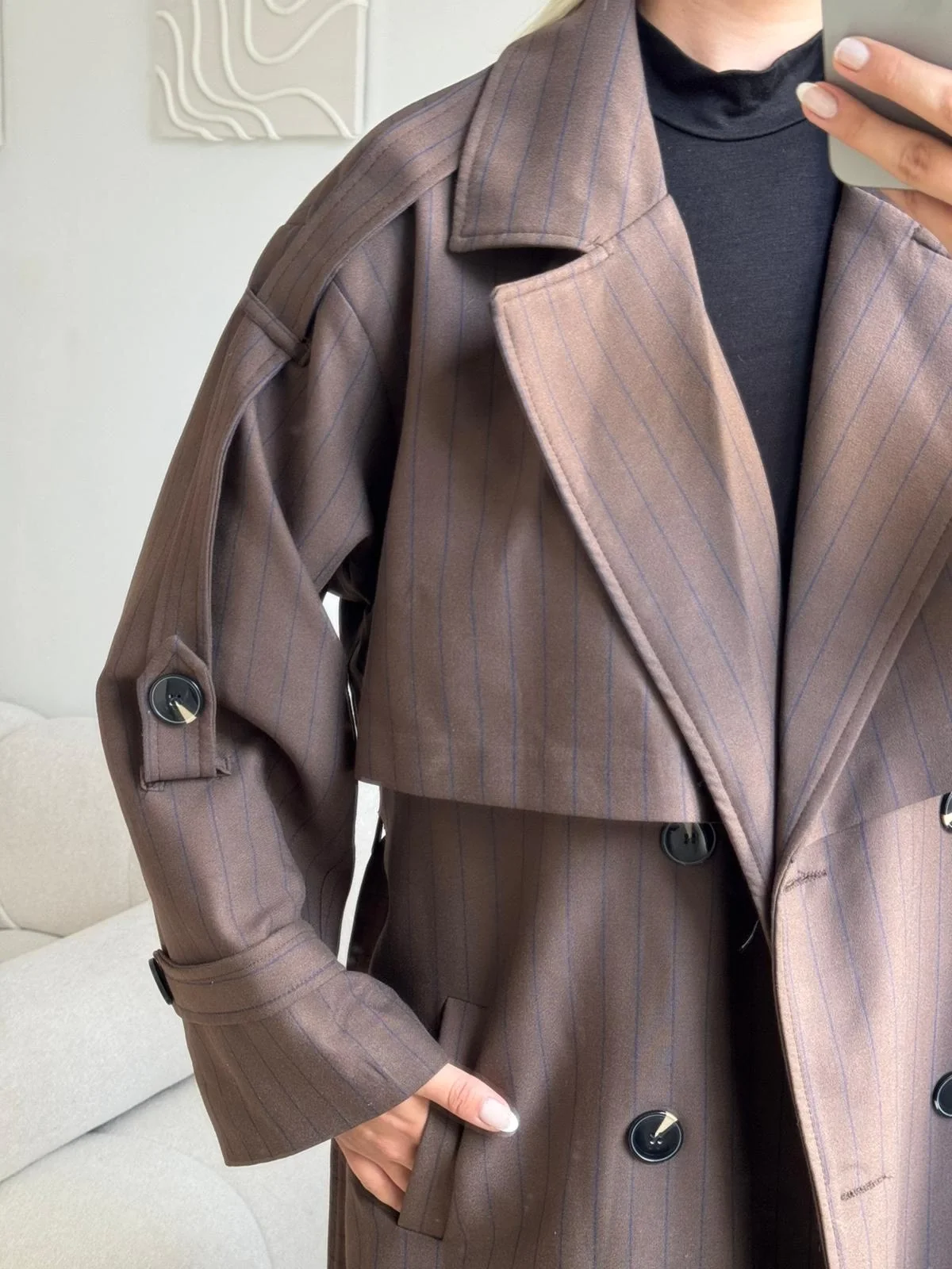 Çizgili Premium Oversize Trençkot - KAHVE