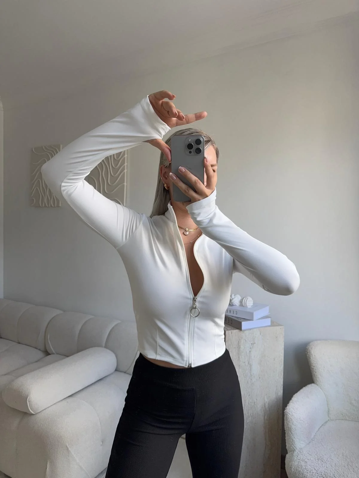 Dalgıç Fermuar Crop - BEYAZ