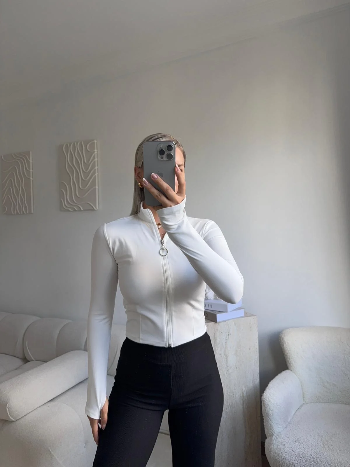 Dalgıç Fermuar Crop - BEYAZ