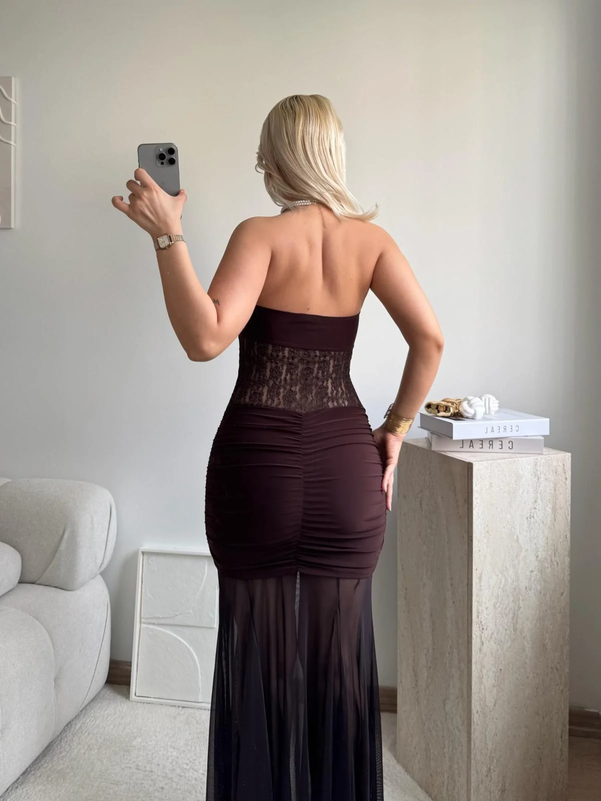 Dantel Detay Straplez Elbise - KAHVE