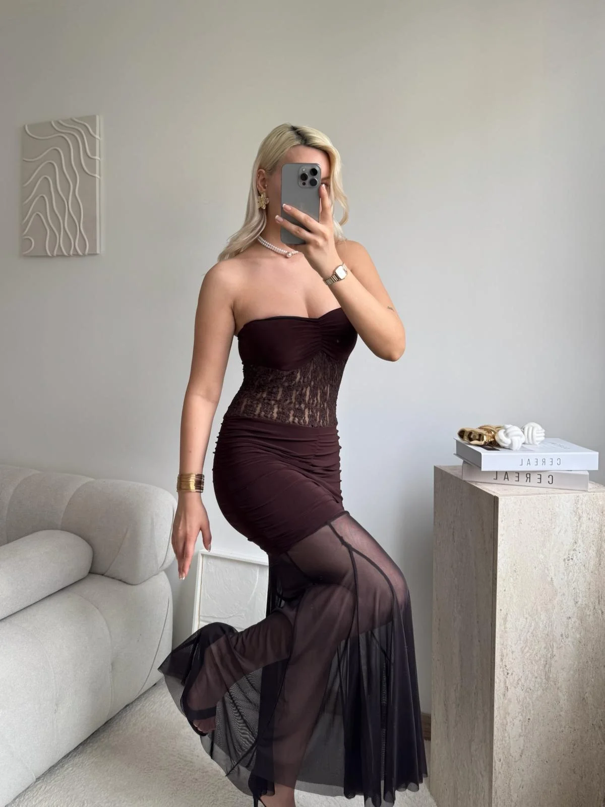 Dantel Detay Straplez Elbise - KAHVE