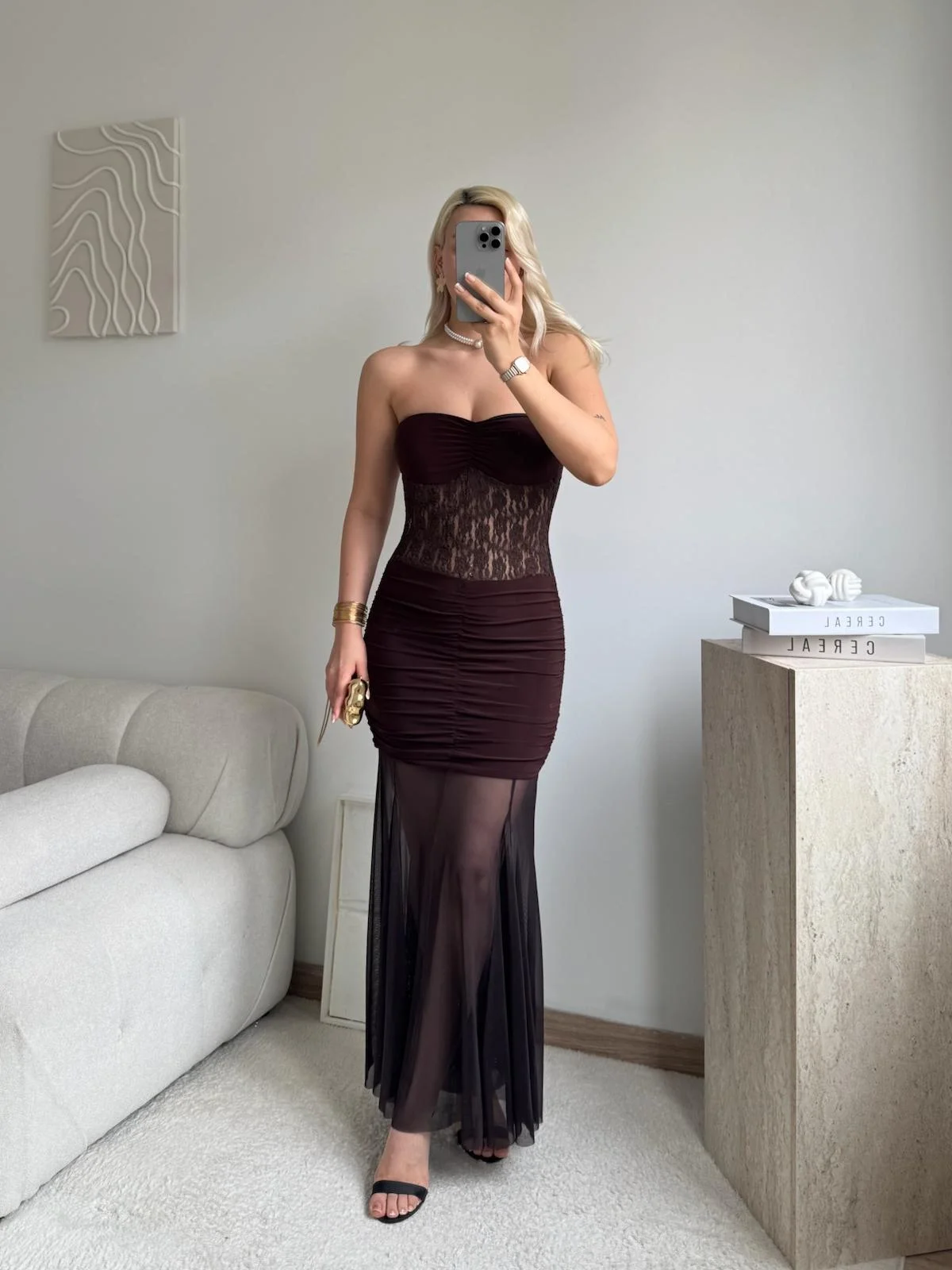 Dantel Detay Straplez Elbise - KAHVE