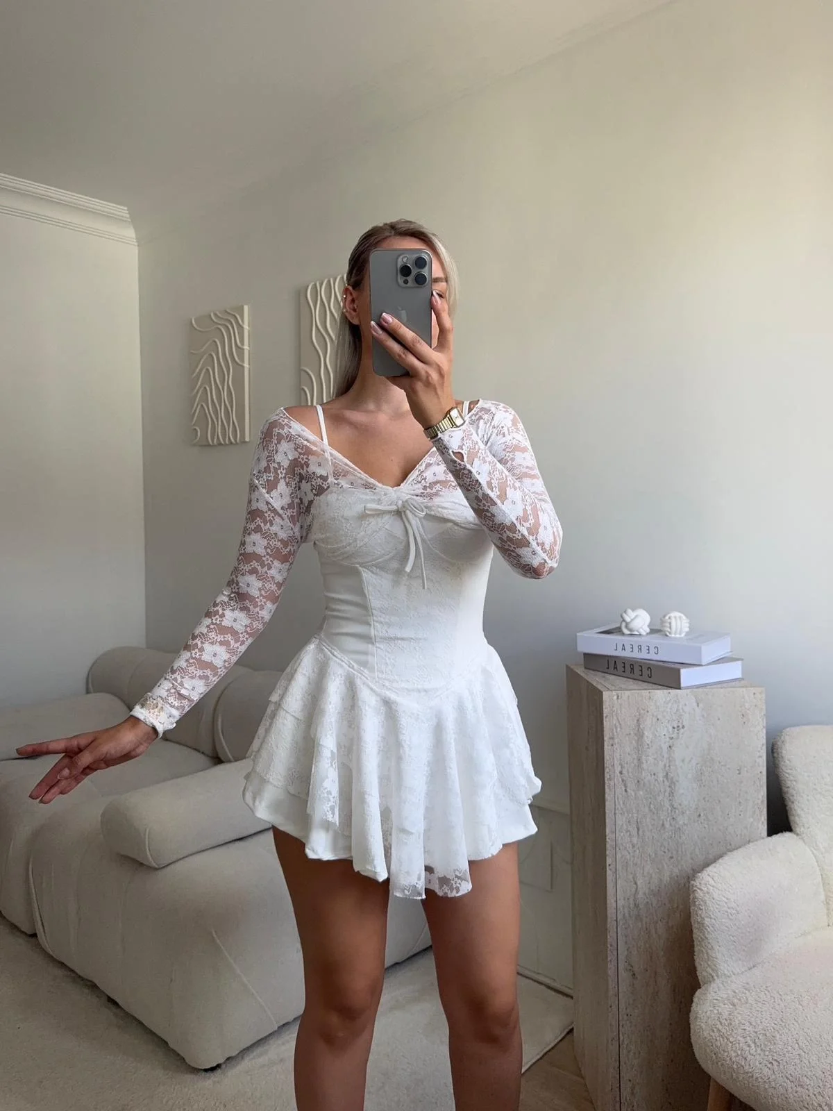 Dantel Kol Ön Büzgülü Elbise - BEYAZ