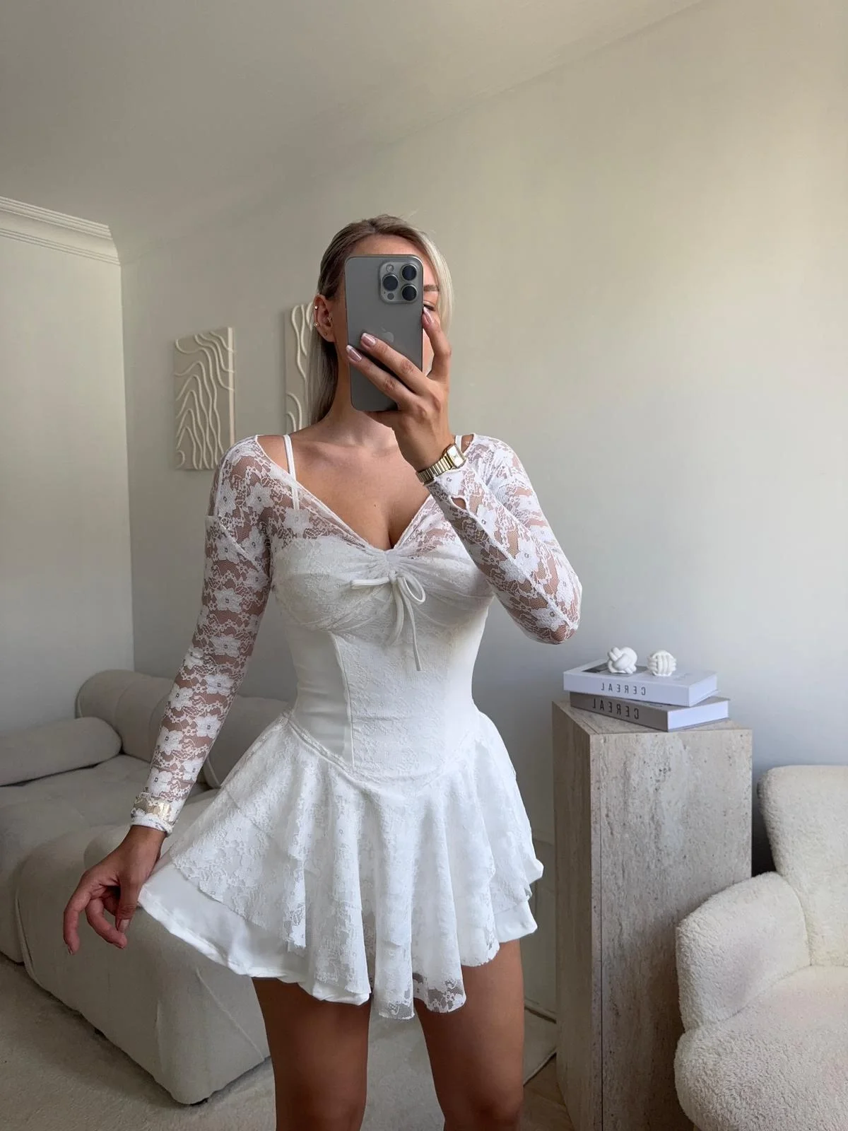 Dantel Kol Ön Büzgülü Elbise - BEYAZ