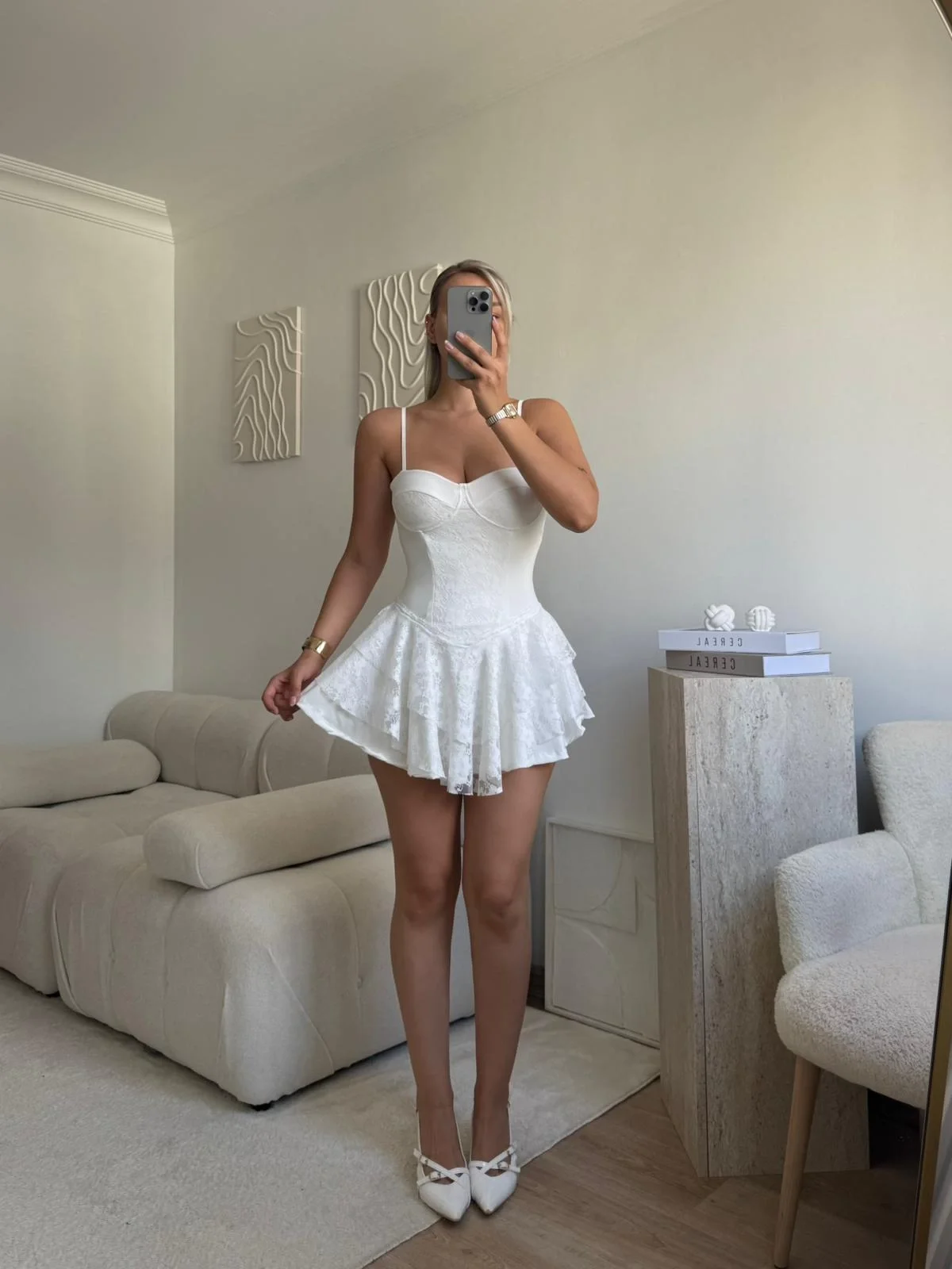 Dantel Kol Ön Büzgülü Elbise - BEYAZ