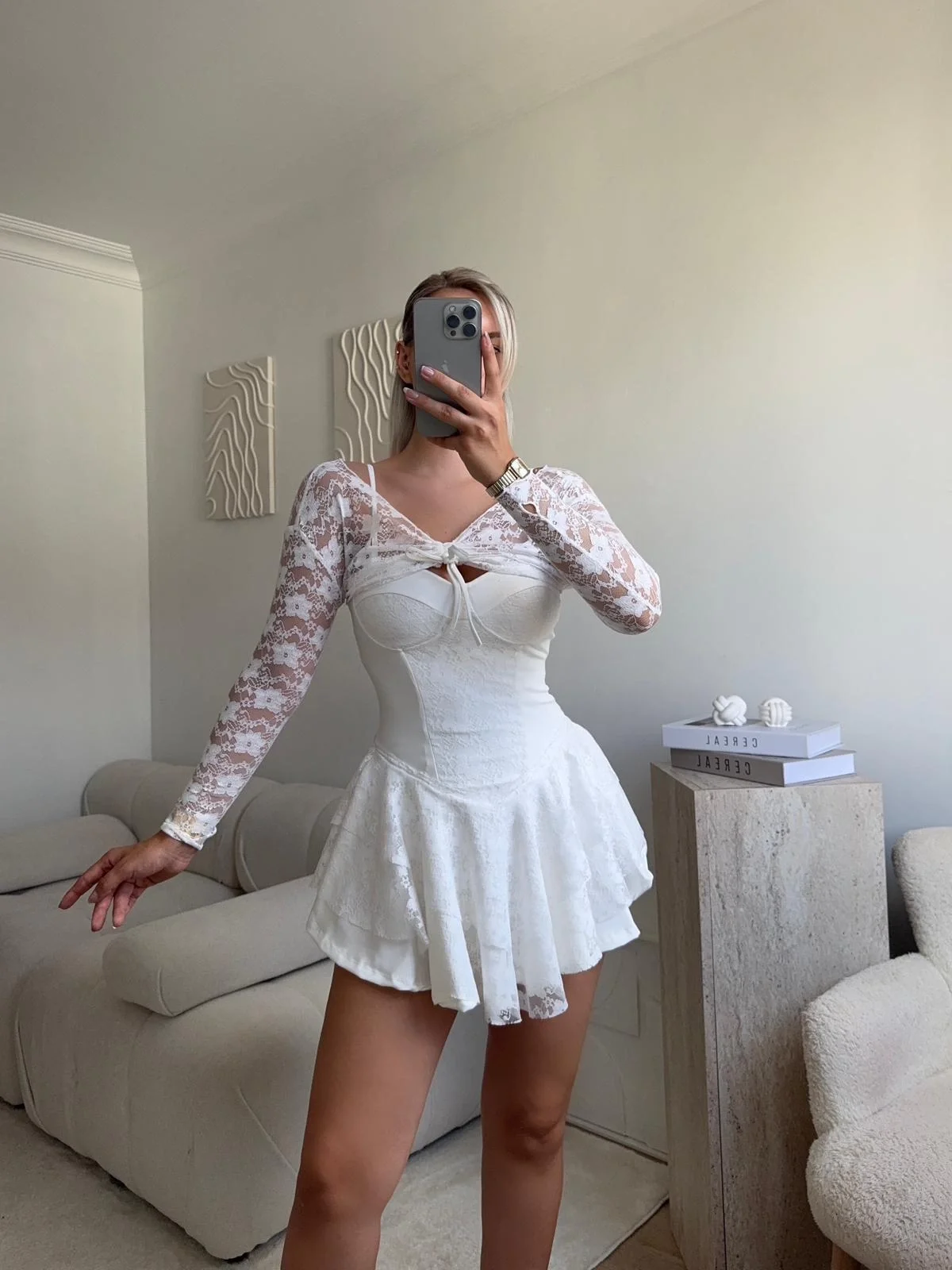 Dantel Kol Ön Büzgülü Elbise - BEYAZ