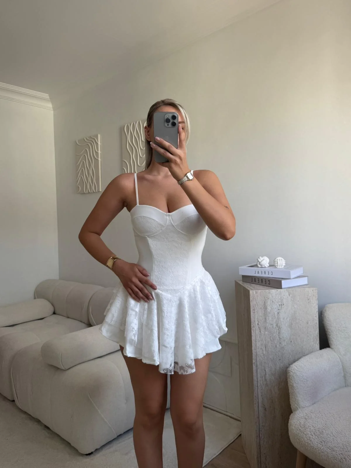 Dantel Kol Ön Büzgülü Elbise - BEYAZ