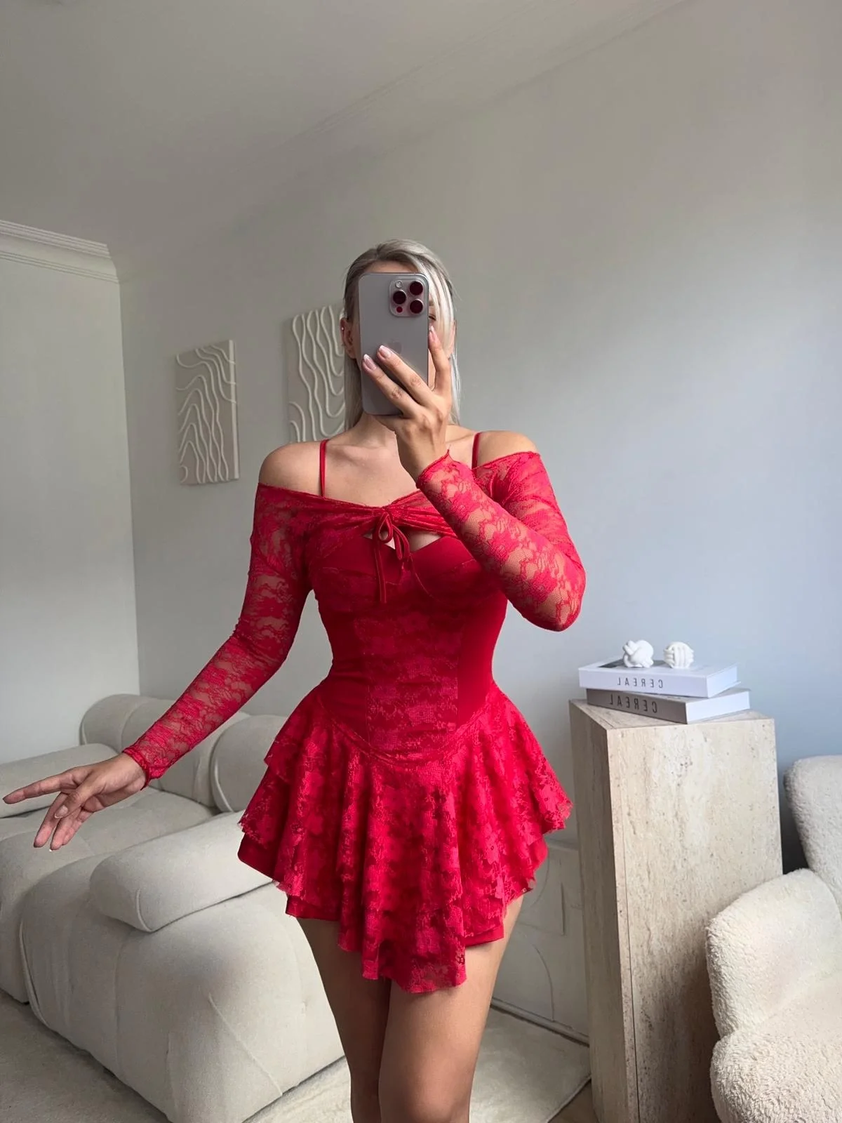 Dantel Kol Ön Büzgülü Elbise - KIRMIZI