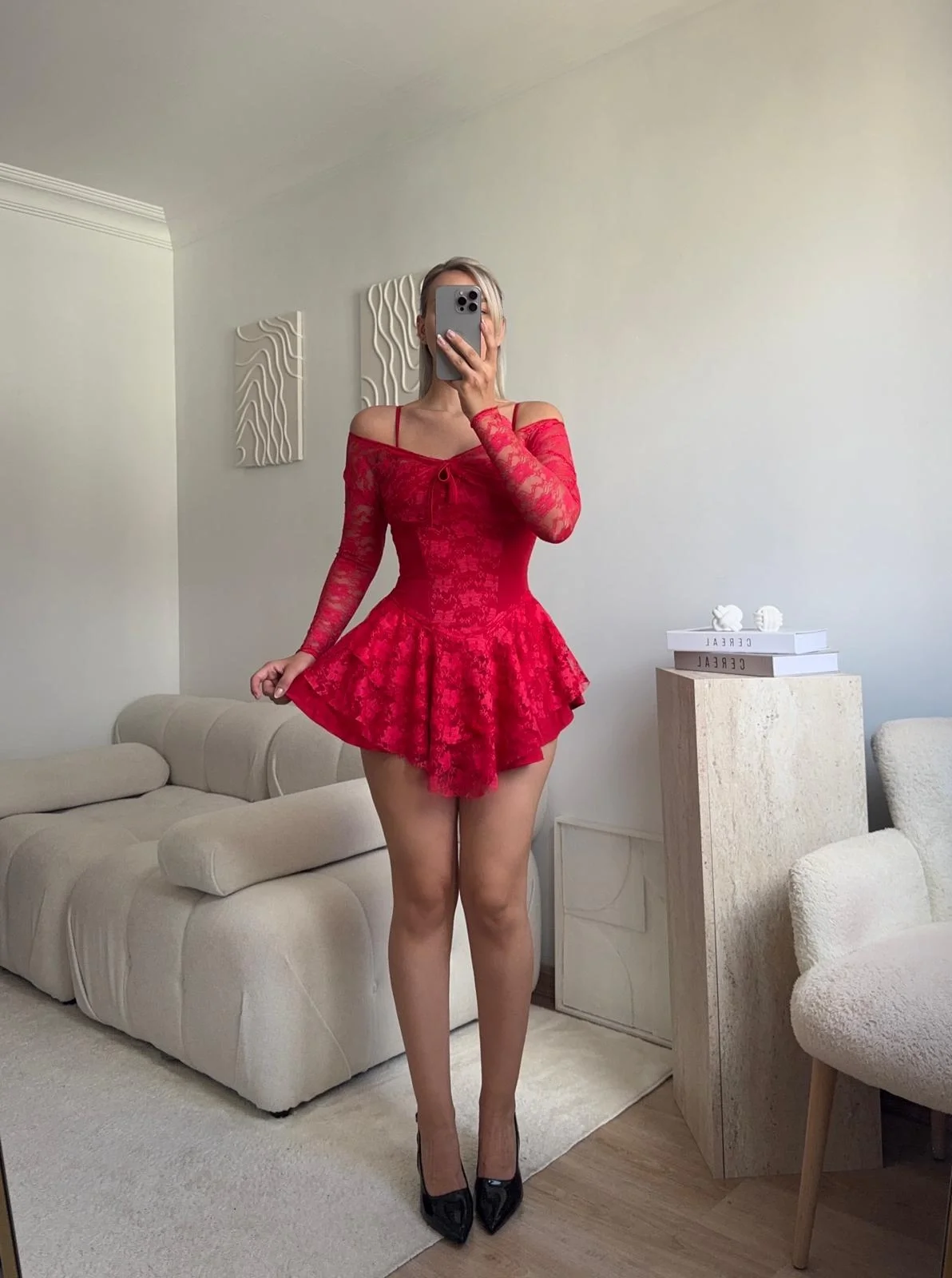 Dantel Kol Ön Büzgülü Elbise - KIRMIZI