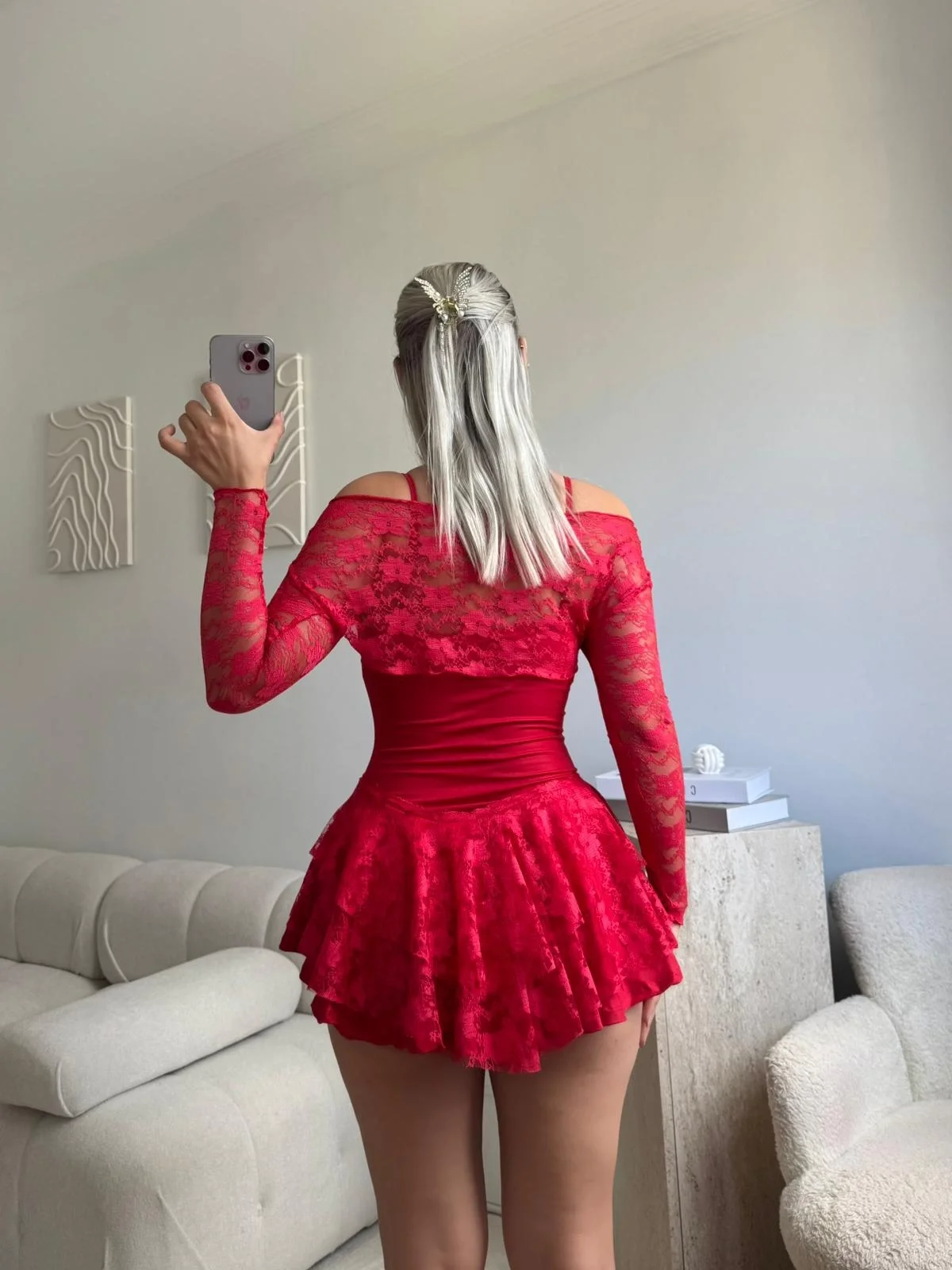 Dantel Kol Ön Büzgülü Elbise - KIRMIZI