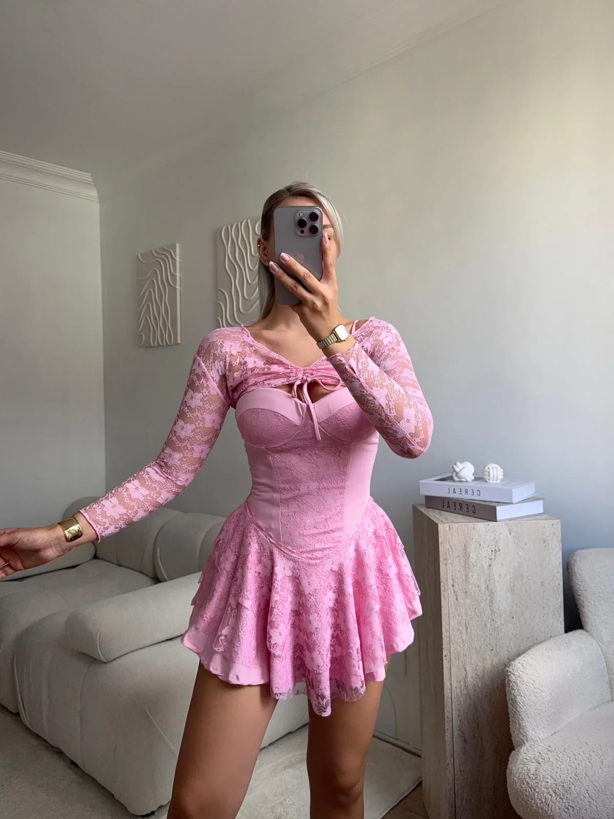 Dantel Kol Ön Büzgülü Elbise - PUDRA