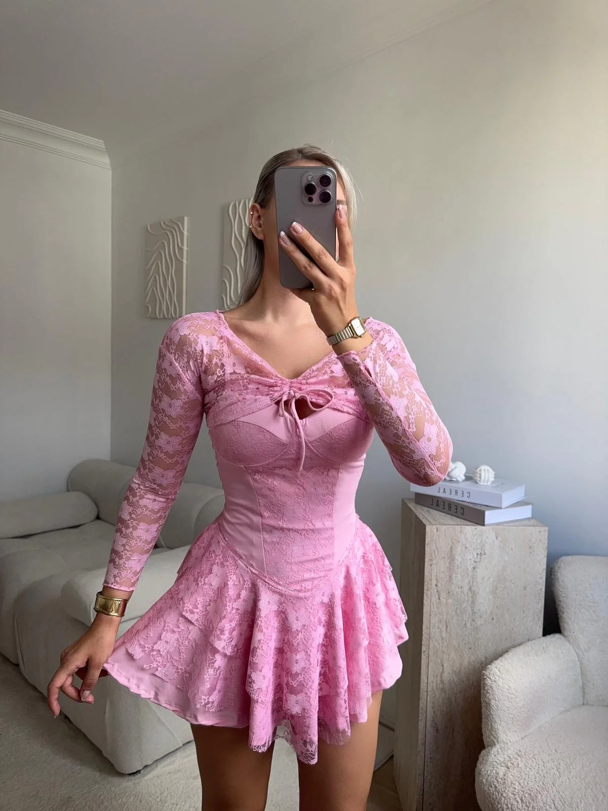 Dantel Kol Ön Büzgülü Elbise - PUDRA