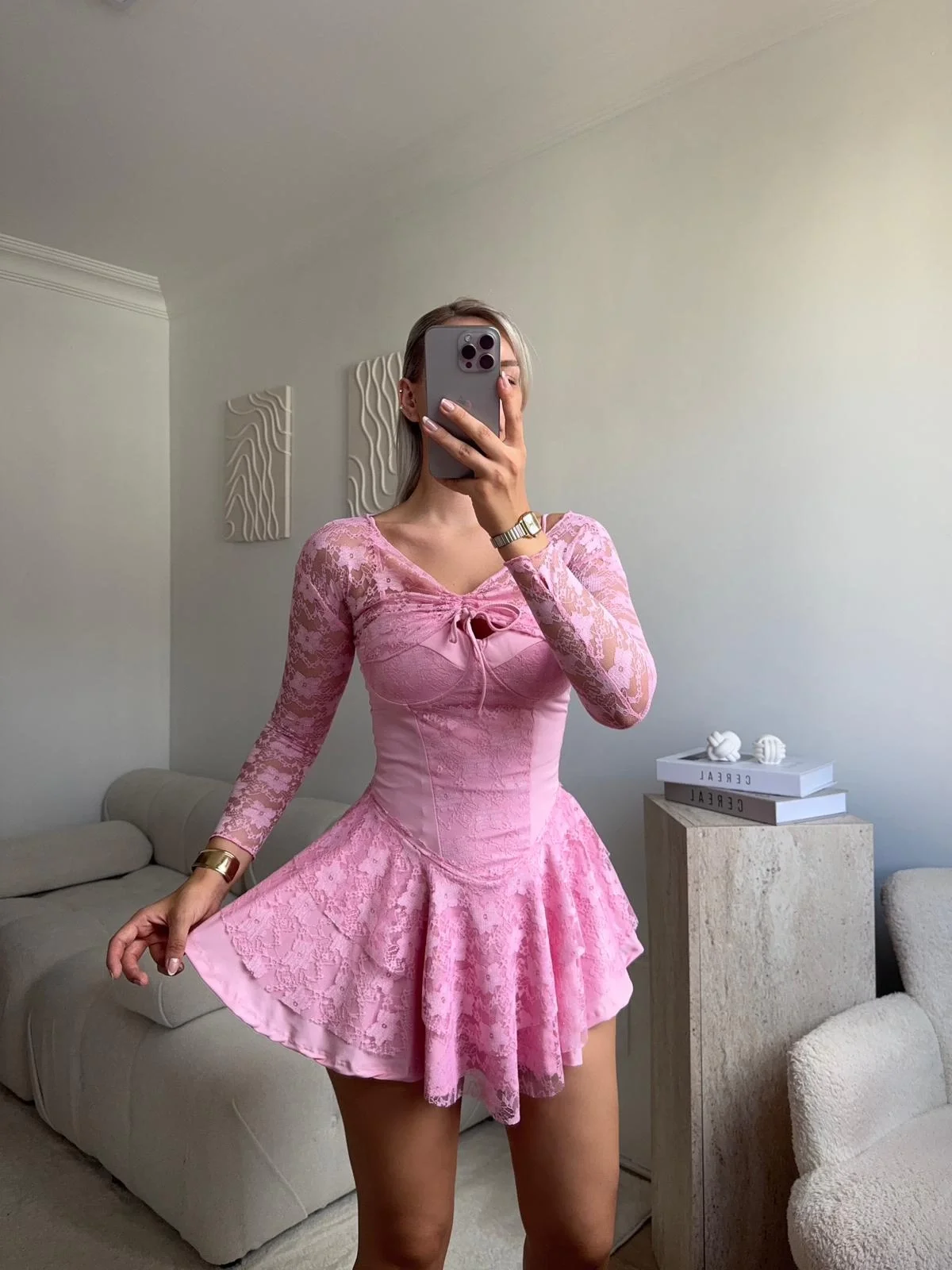 Dantel Kol Ön Büzgülü Elbise - PUDRA