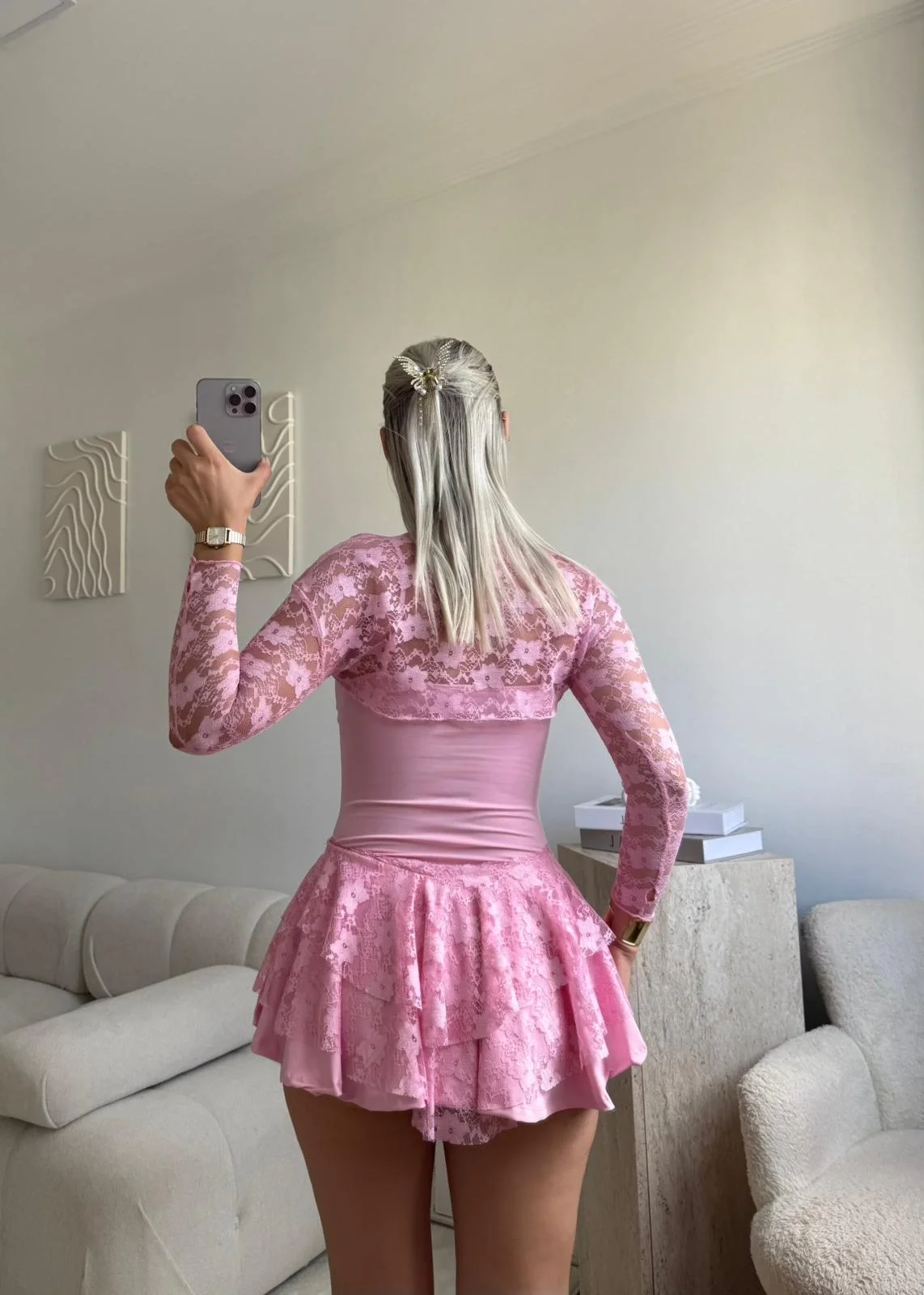 Dantel Kol Ön Büzgülü Elbise - PUDRA