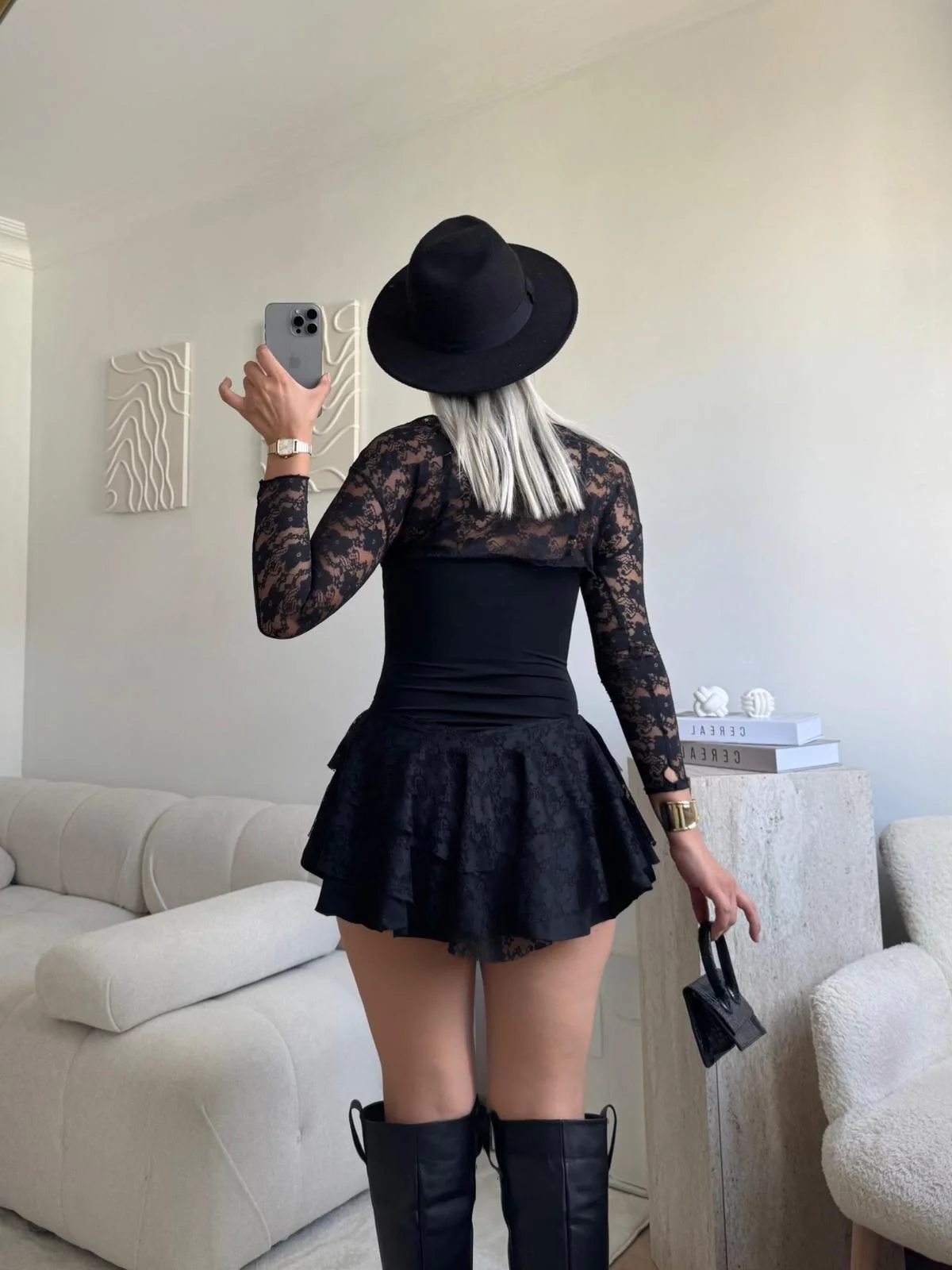 Dantel Kol Ön Büzgülü Elbise - SİYAH