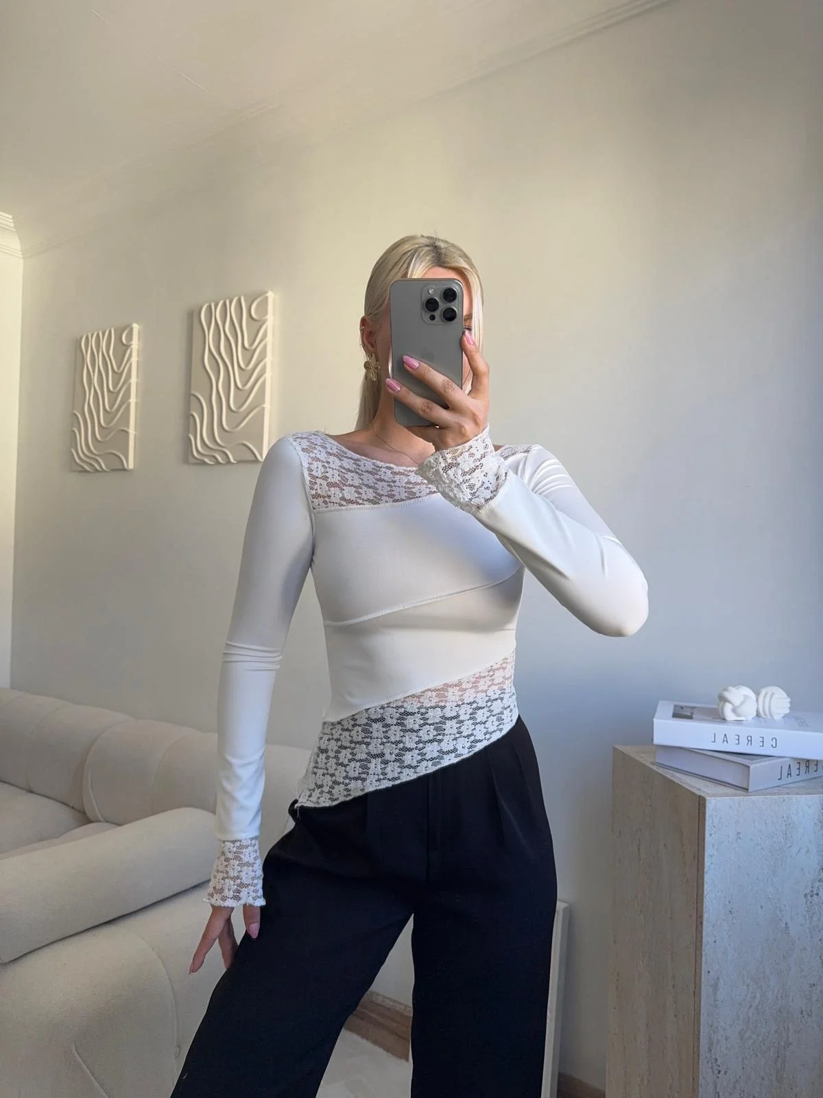 Dantel Şeritli Asimetrik Bluz - BEYAZ