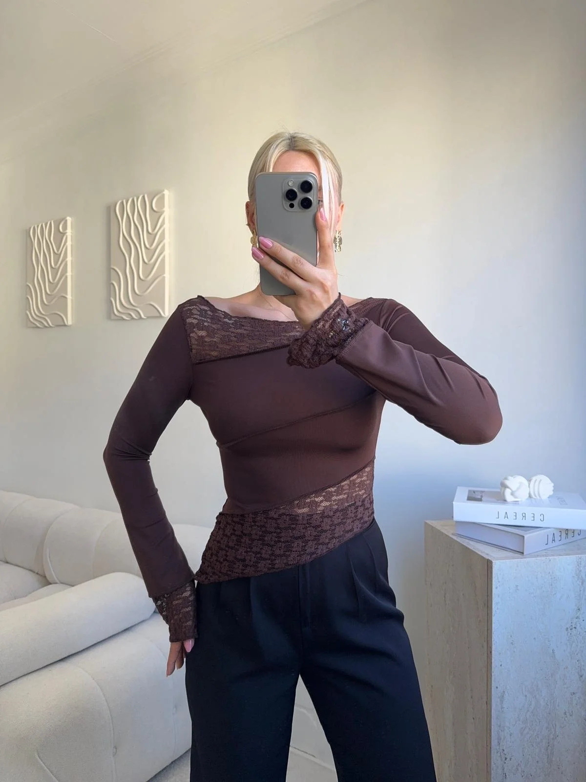 Dantel Şeritli Asimetrik Bluz - KAHVE