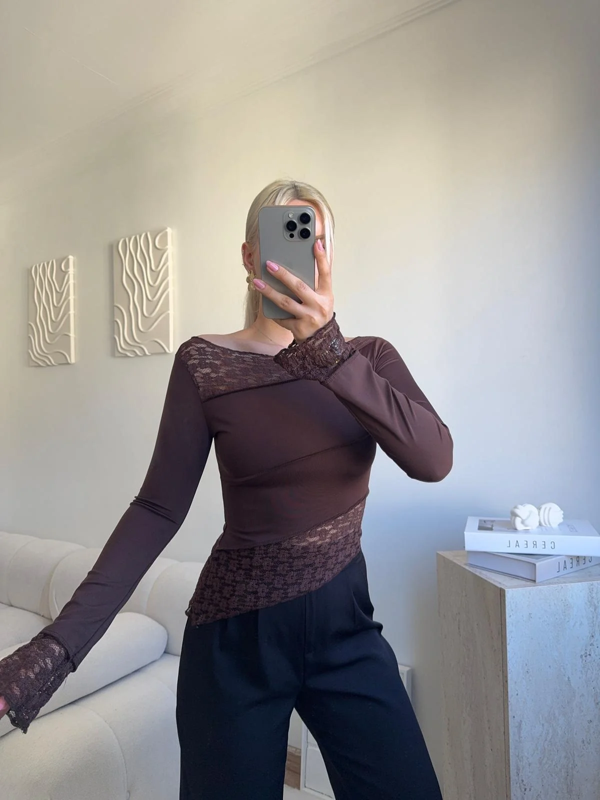 Dantel Şeritli Asimetrik Bluz - KAHVE