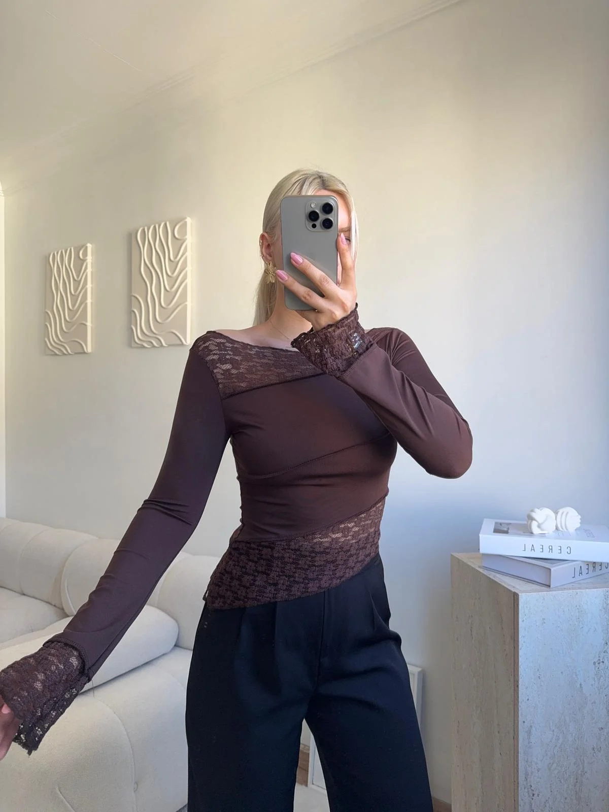 Dantel Şeritli Asimetrik Bluz - KAHVE