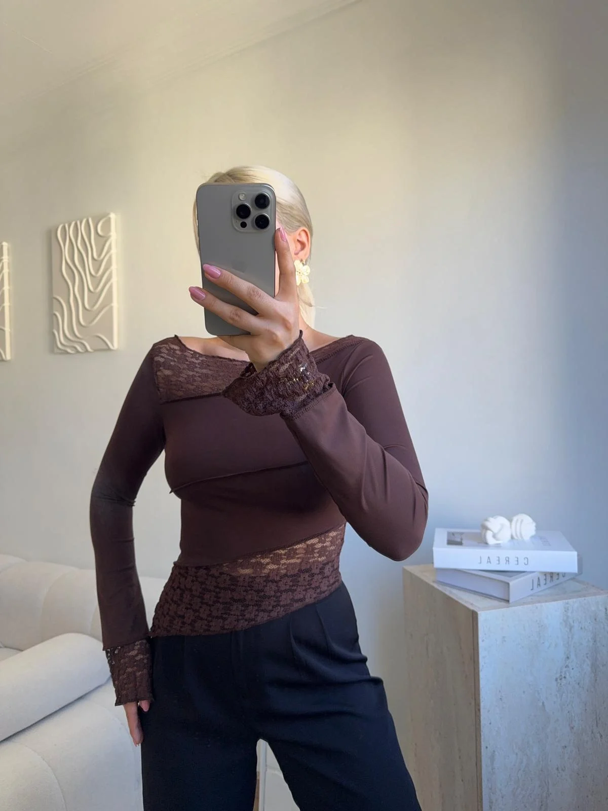 Dantel Şeritli Asimetrik Bluz - KAHVE