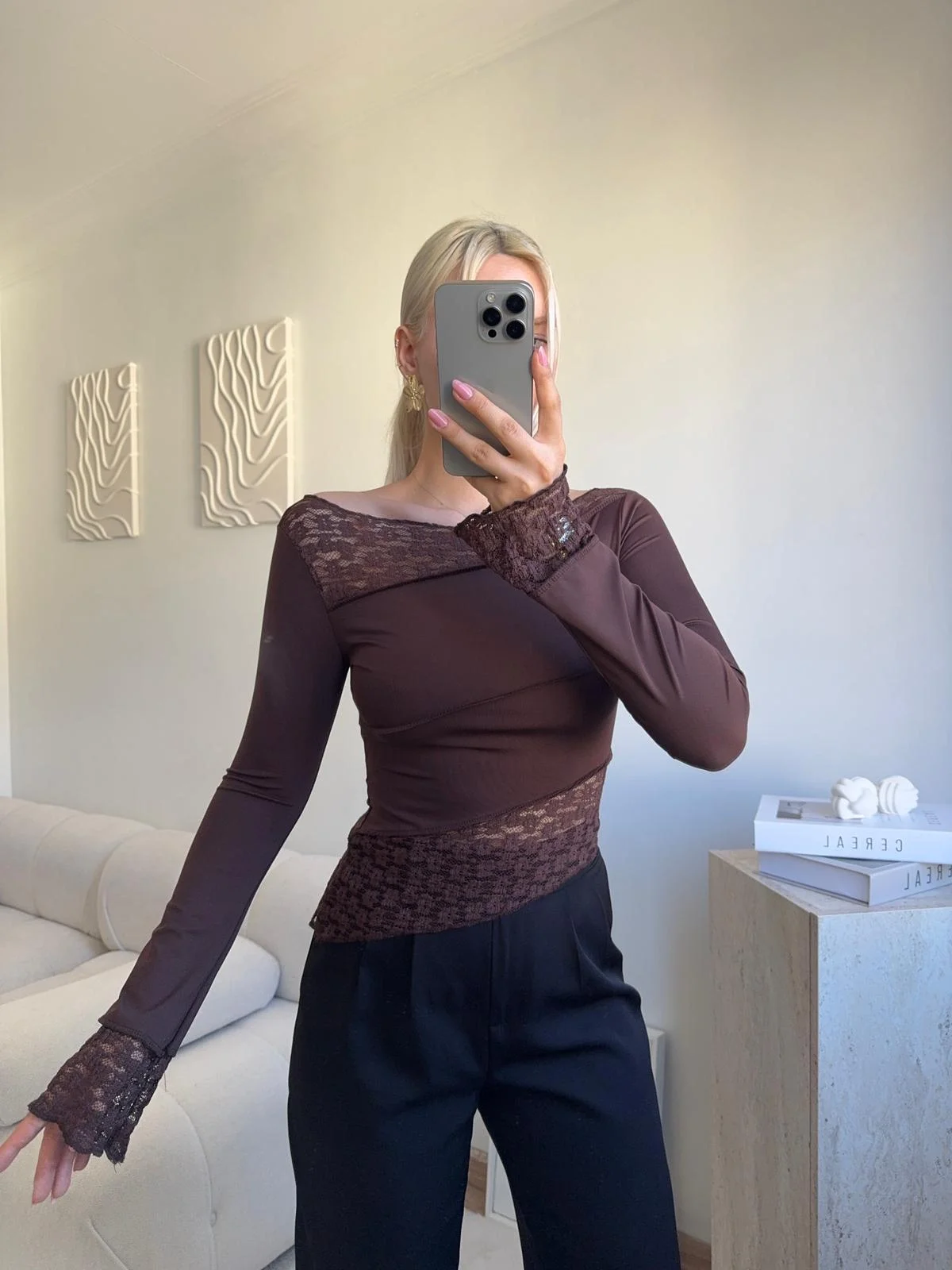 Dantel Şeritli Asimetrik Bluz - KAHVE