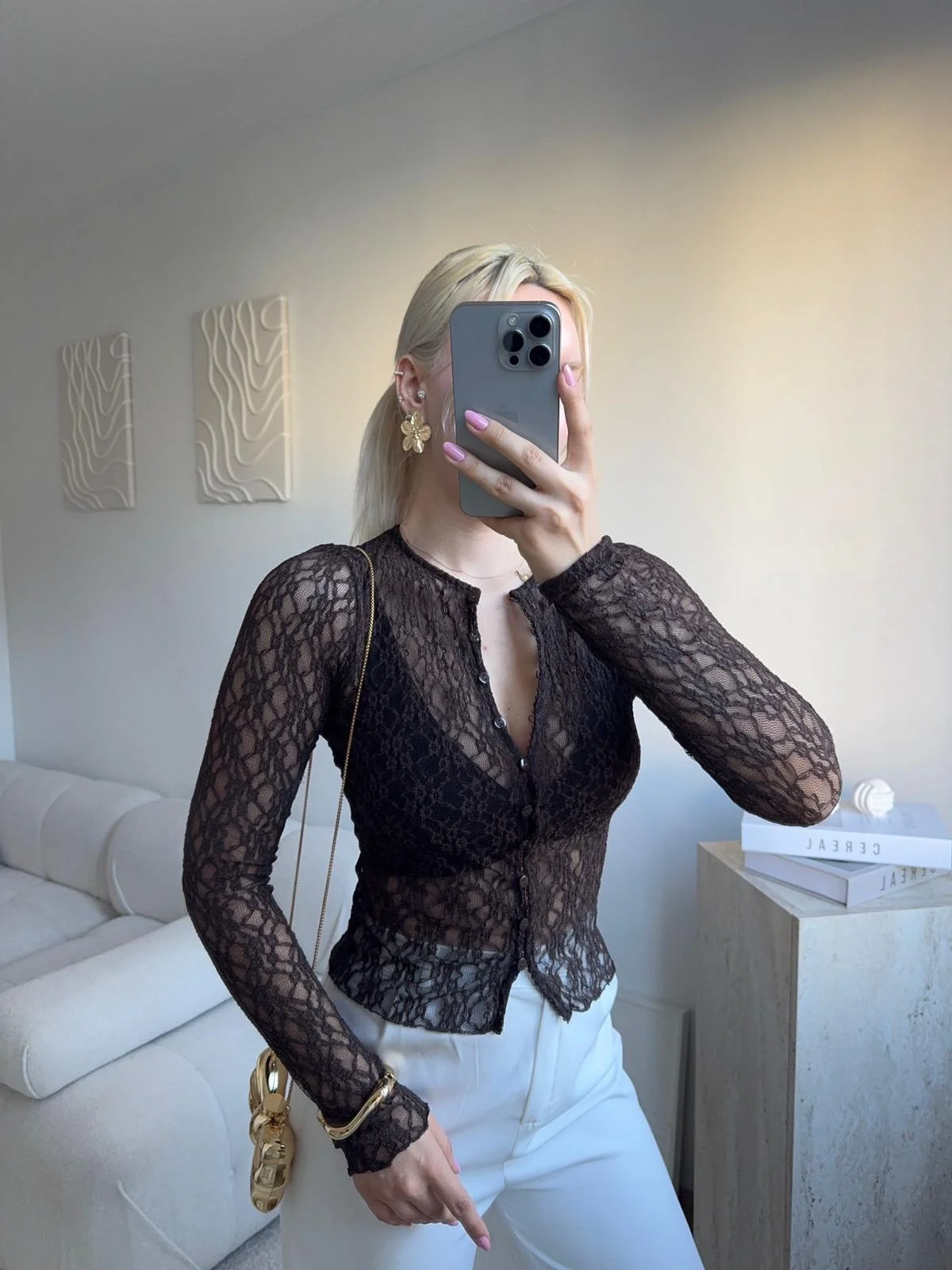 Dantel Uzun Kollu Düğmeli Bluz - KAHVE