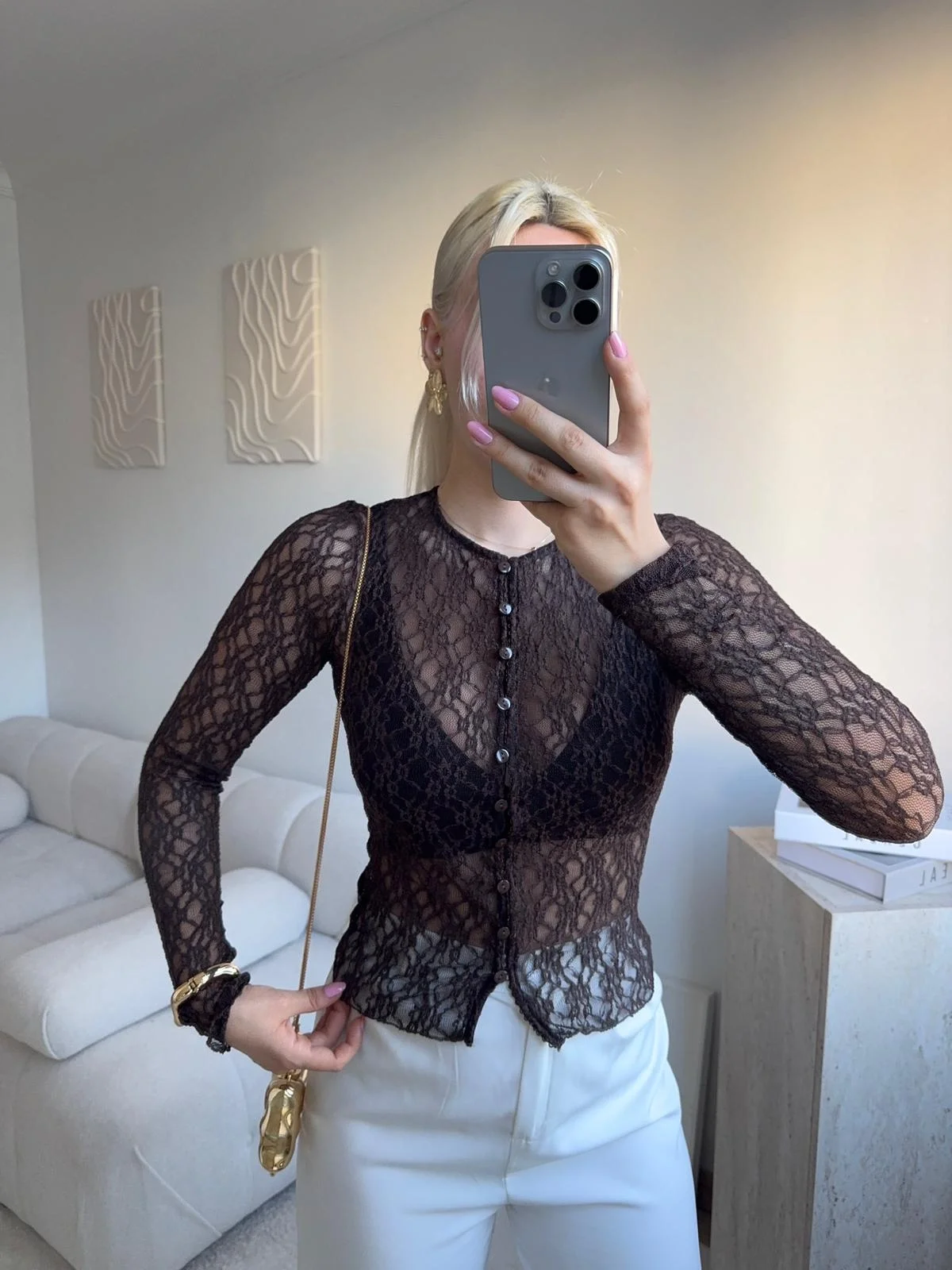 Dantel Uzun Kollu Düğmeli Bluz - KAHVE