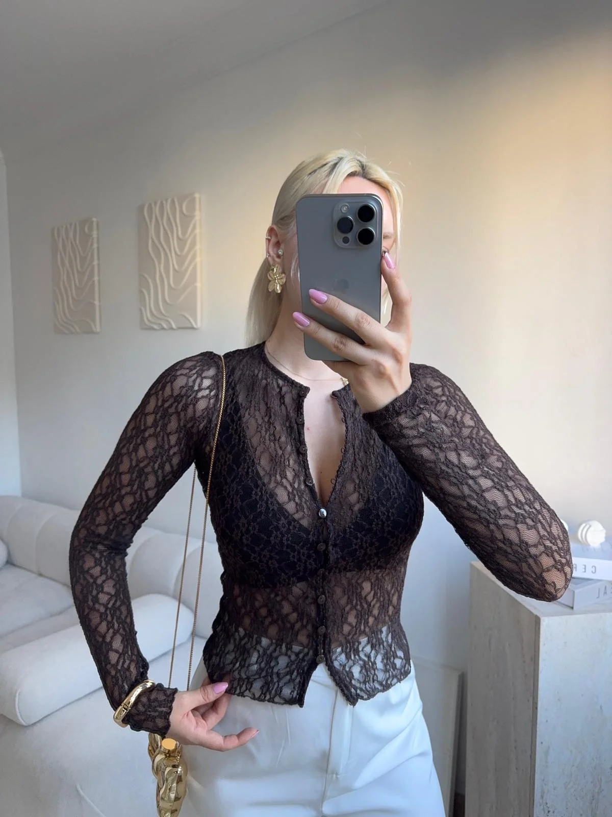 Dantel Uzun Kollu Düğmeli Bluz - KAHVE