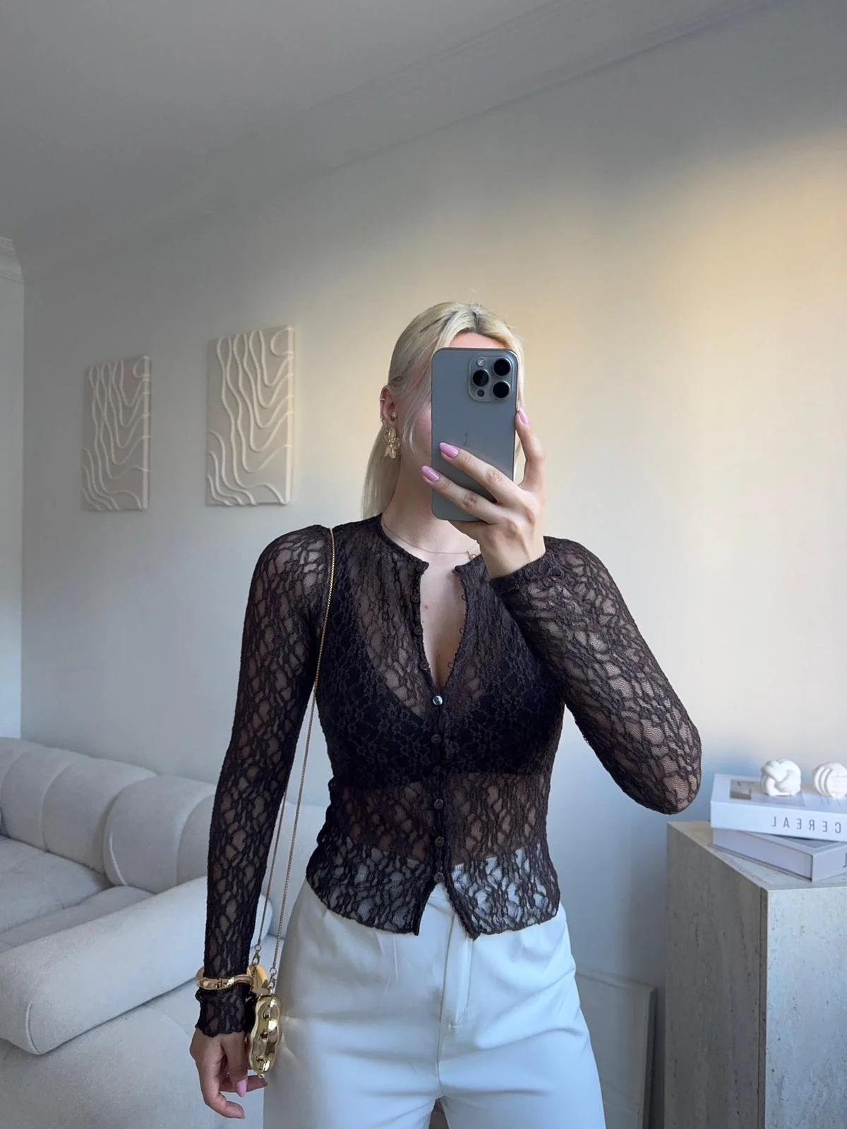 Dantel Uzun Kollu Düğmeli Bluz - KAHVE