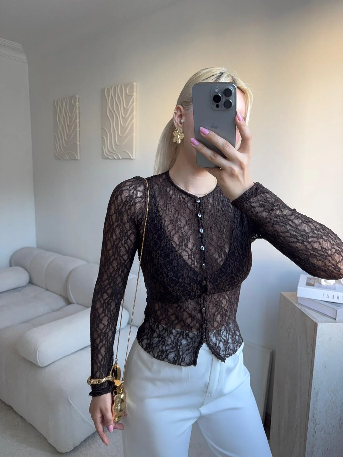 Dantel Uzun Kollu Düğmeli Bluz - KAHVE