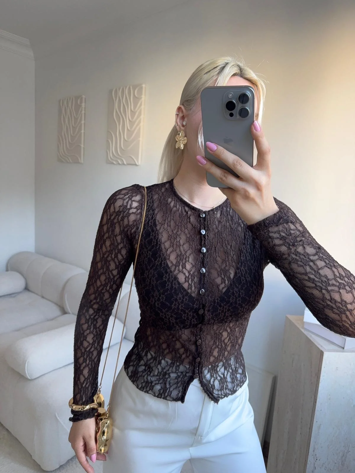 Dantel Uzun Kollu Düğmeli Bluz - KAHVE