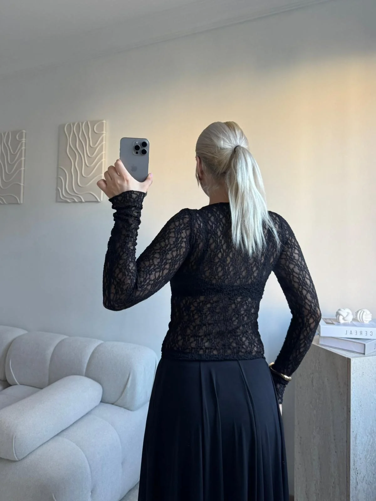 Dantel Uzun Kollu Düğmeli Bluz - SİYAH