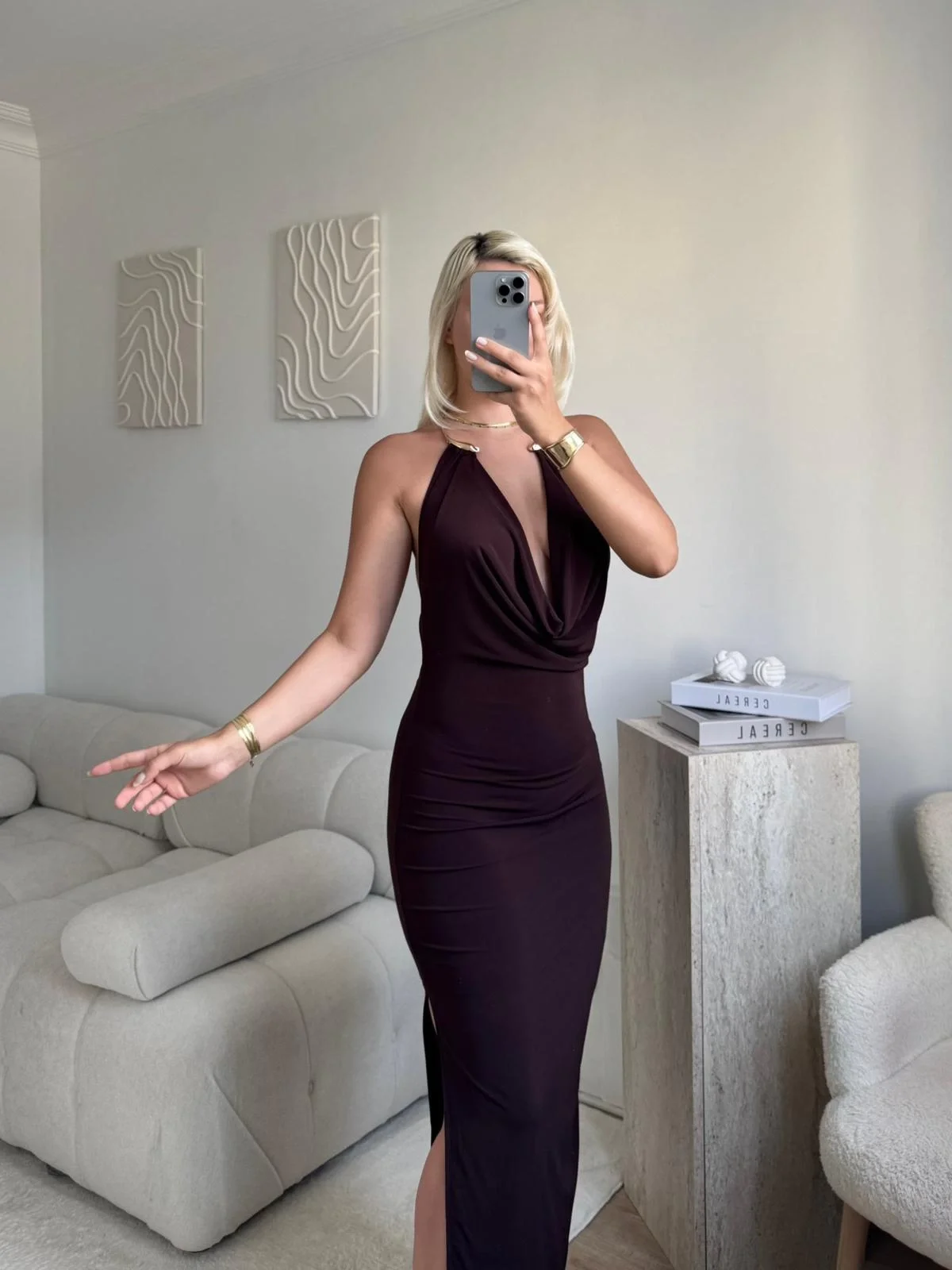 Degaje Yaka Boyun Aksesuar Elbise - KAHVE