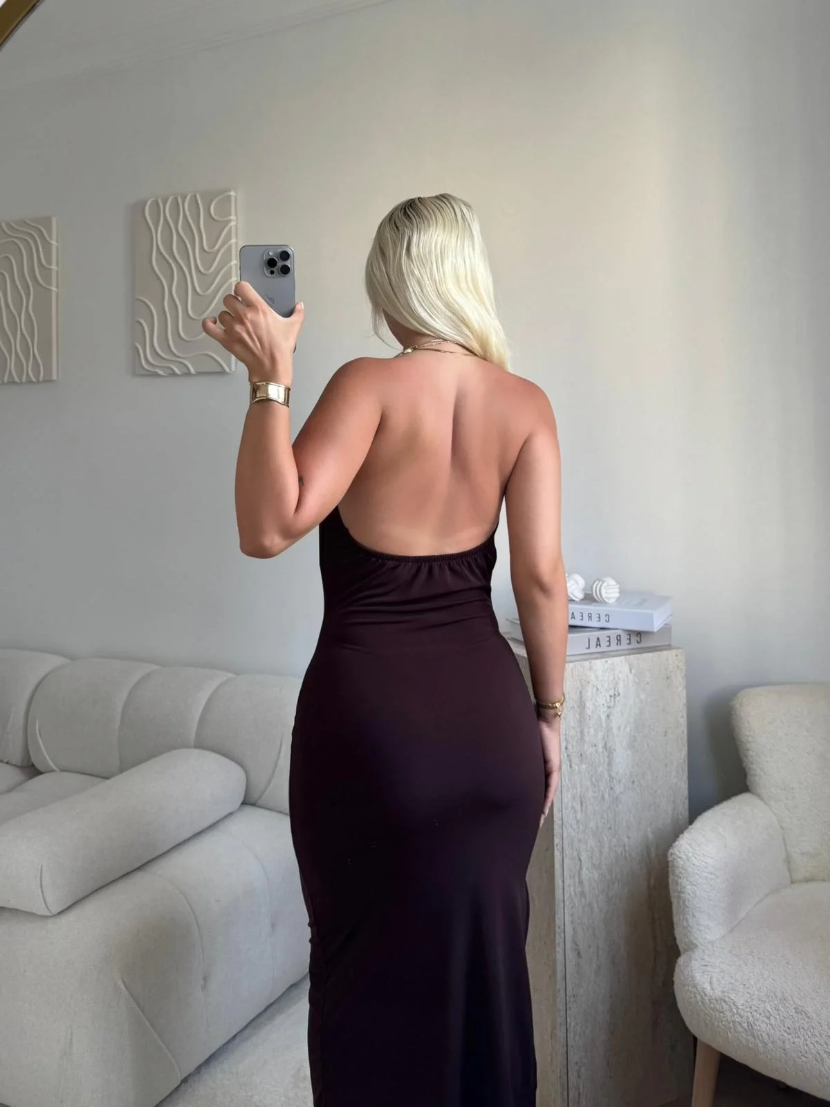 Degaje Yaka Boyun Aksesuar Elbise - KAHVE