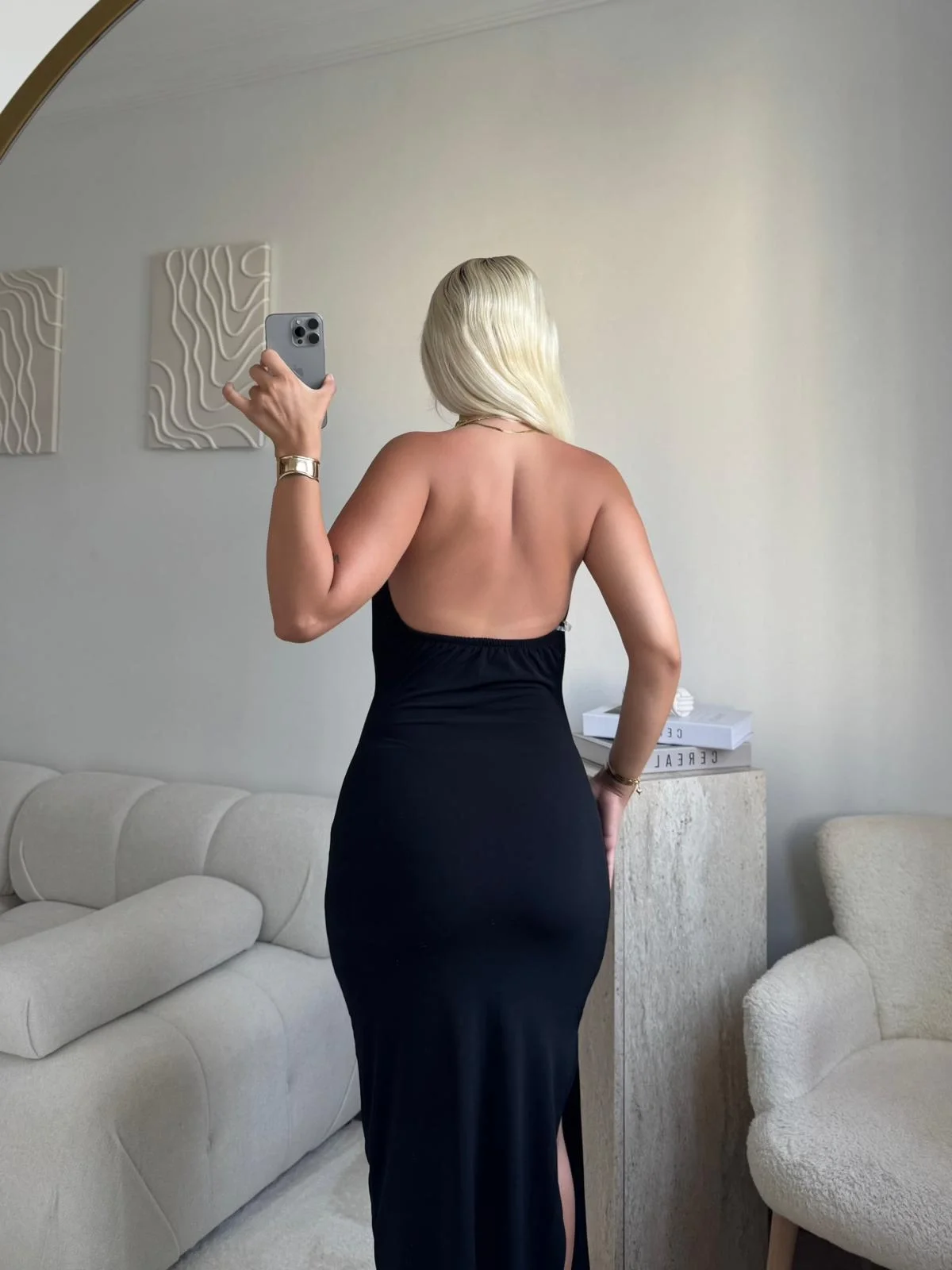 Degaje Yaka Boyun Aksesuar Elbise - SİYAH