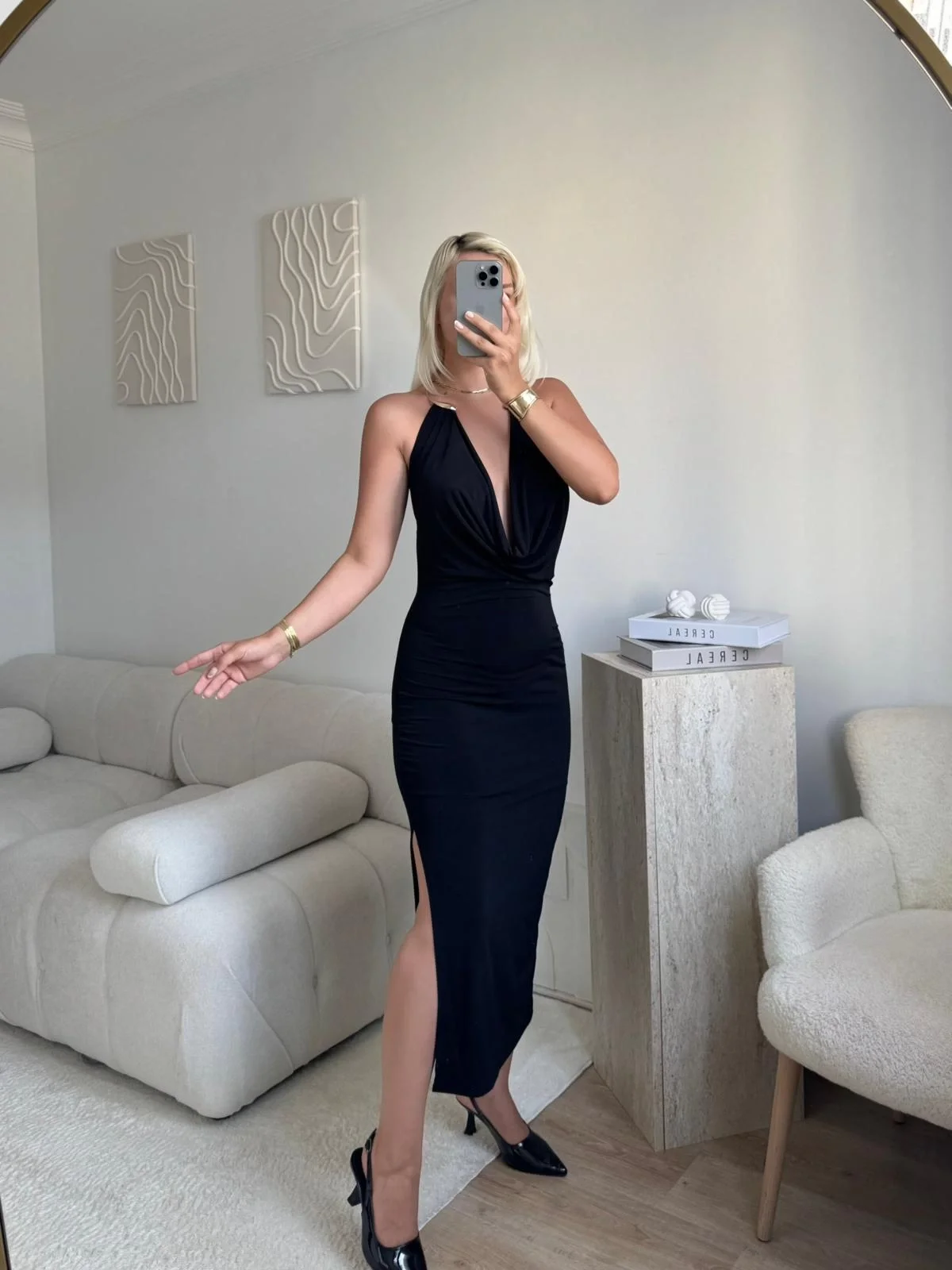 Degaje Yaka Boyun Aksesuar Elbise - SİYAH