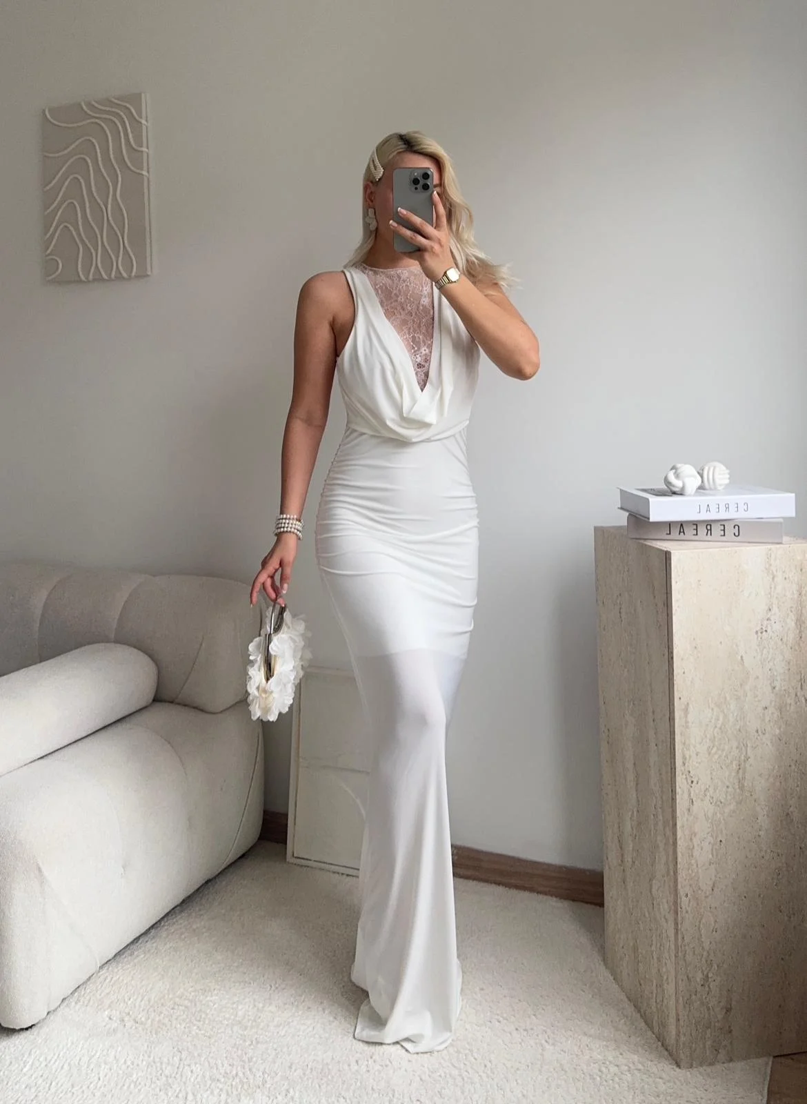 Degaje Yaka Dantel Detay Elbise - BEYAZ