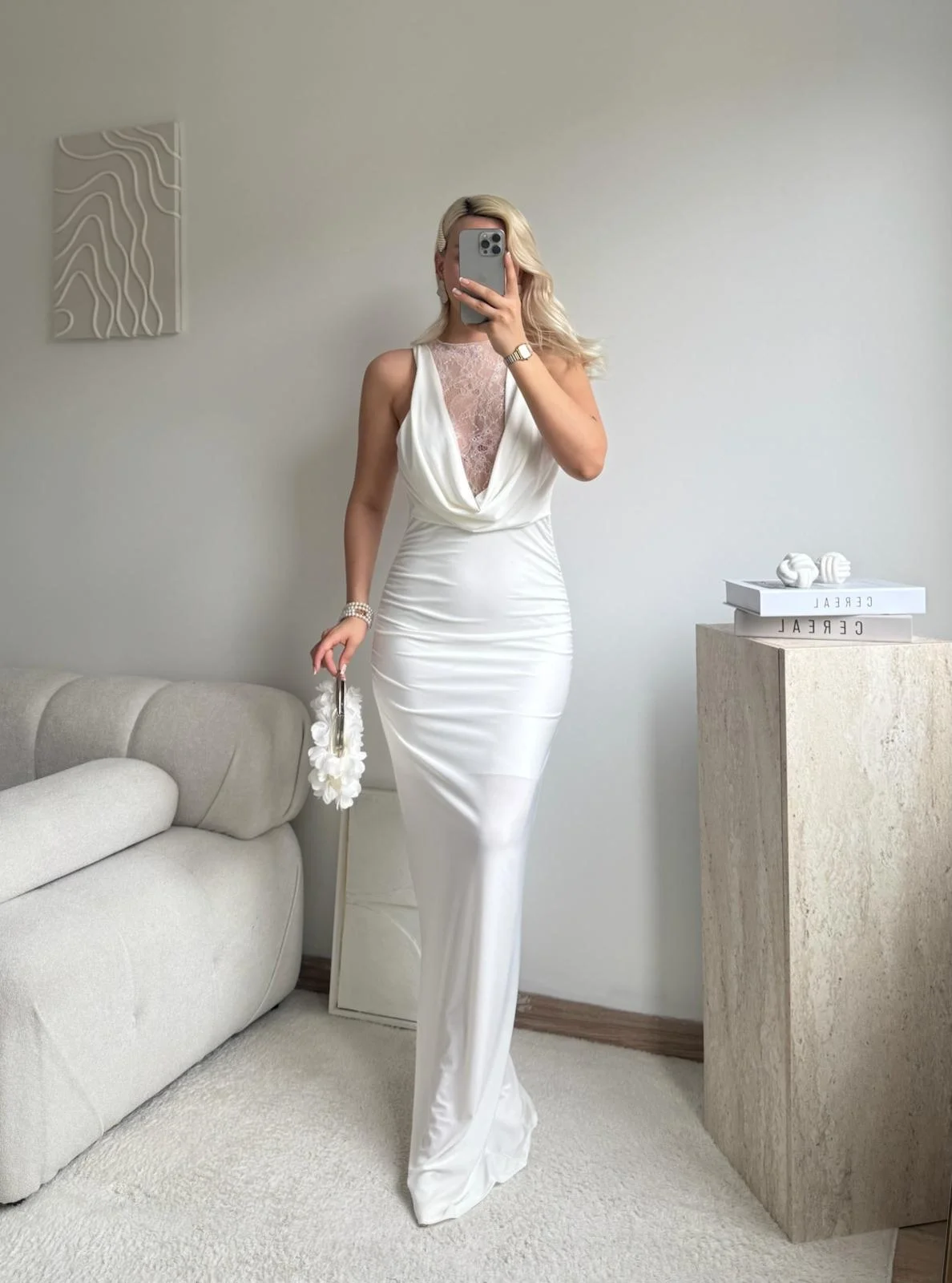 Degaje Yaka Dantel Detay Elbise - BEYAZ