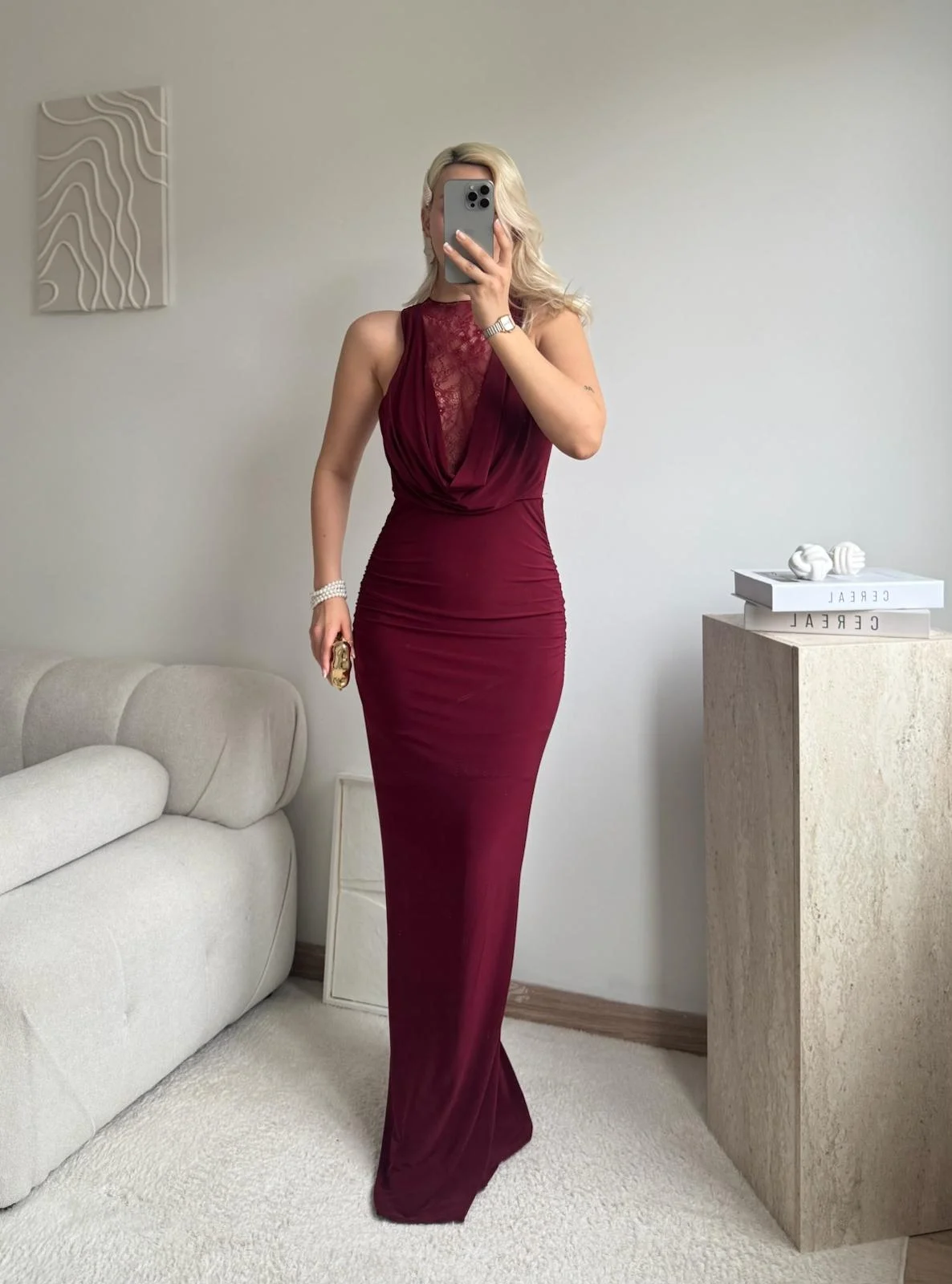 Degaje Yaka Dantel Detay Elbise - BORDO