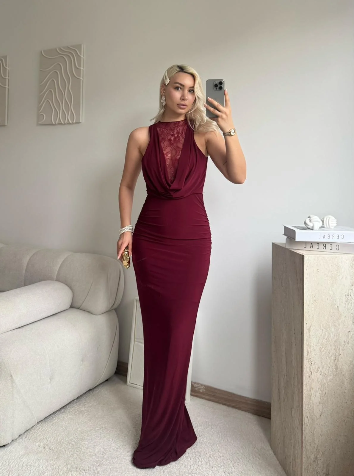 Degaje Yaka Dantel Detay Elbise - BORDO