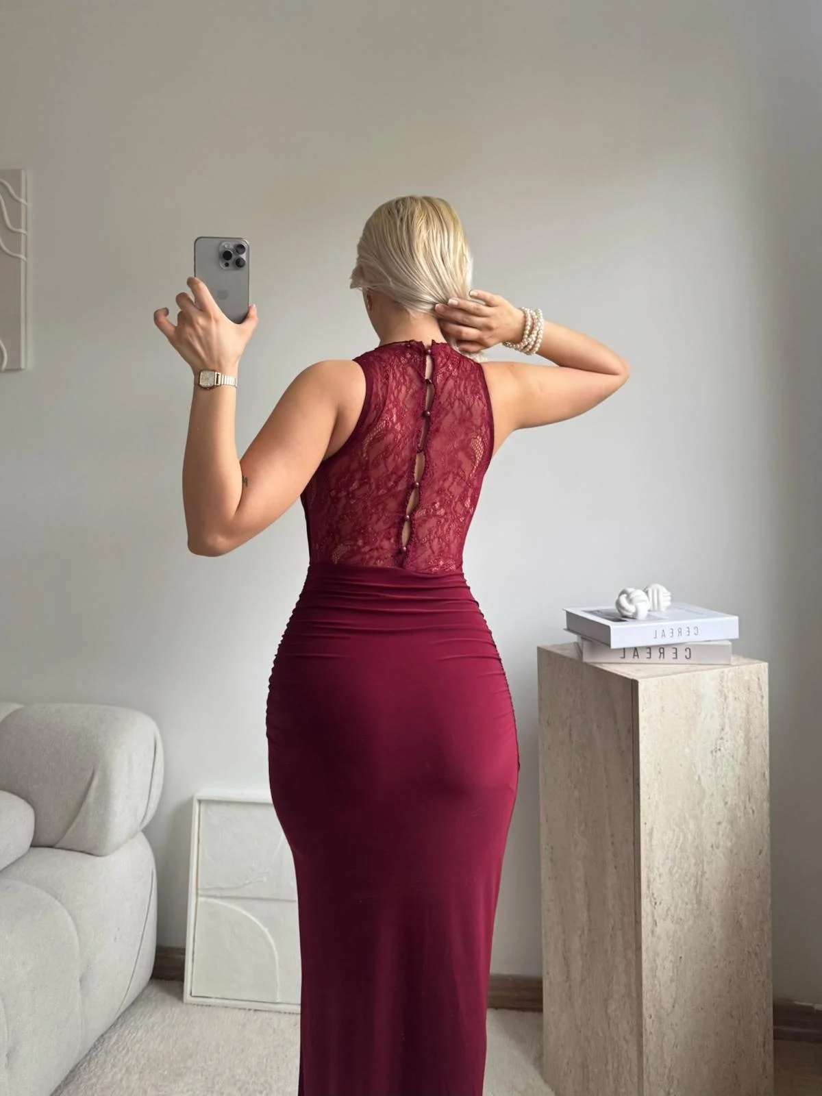 Degaje Yaka Dantel Detay Elbise - BORDO