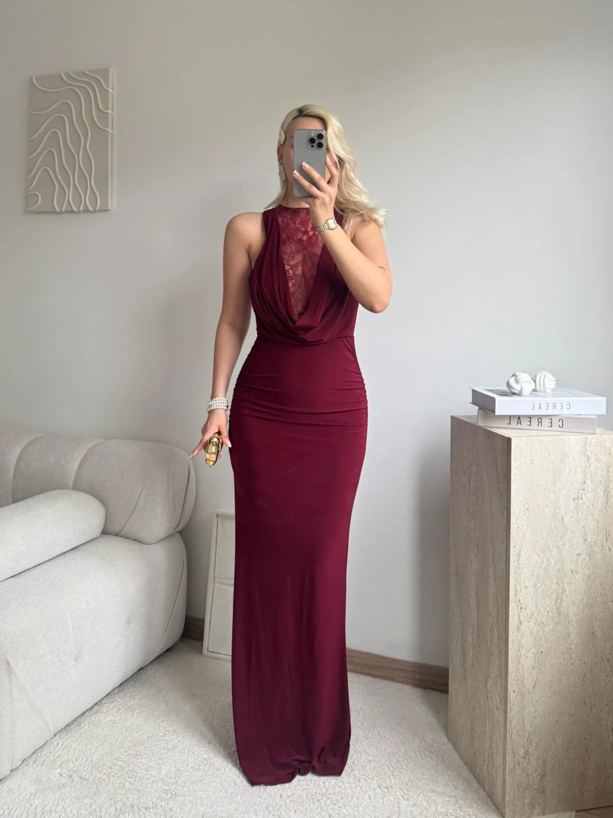 Degaje Yaka Dantel Detay Elbise - BORDO