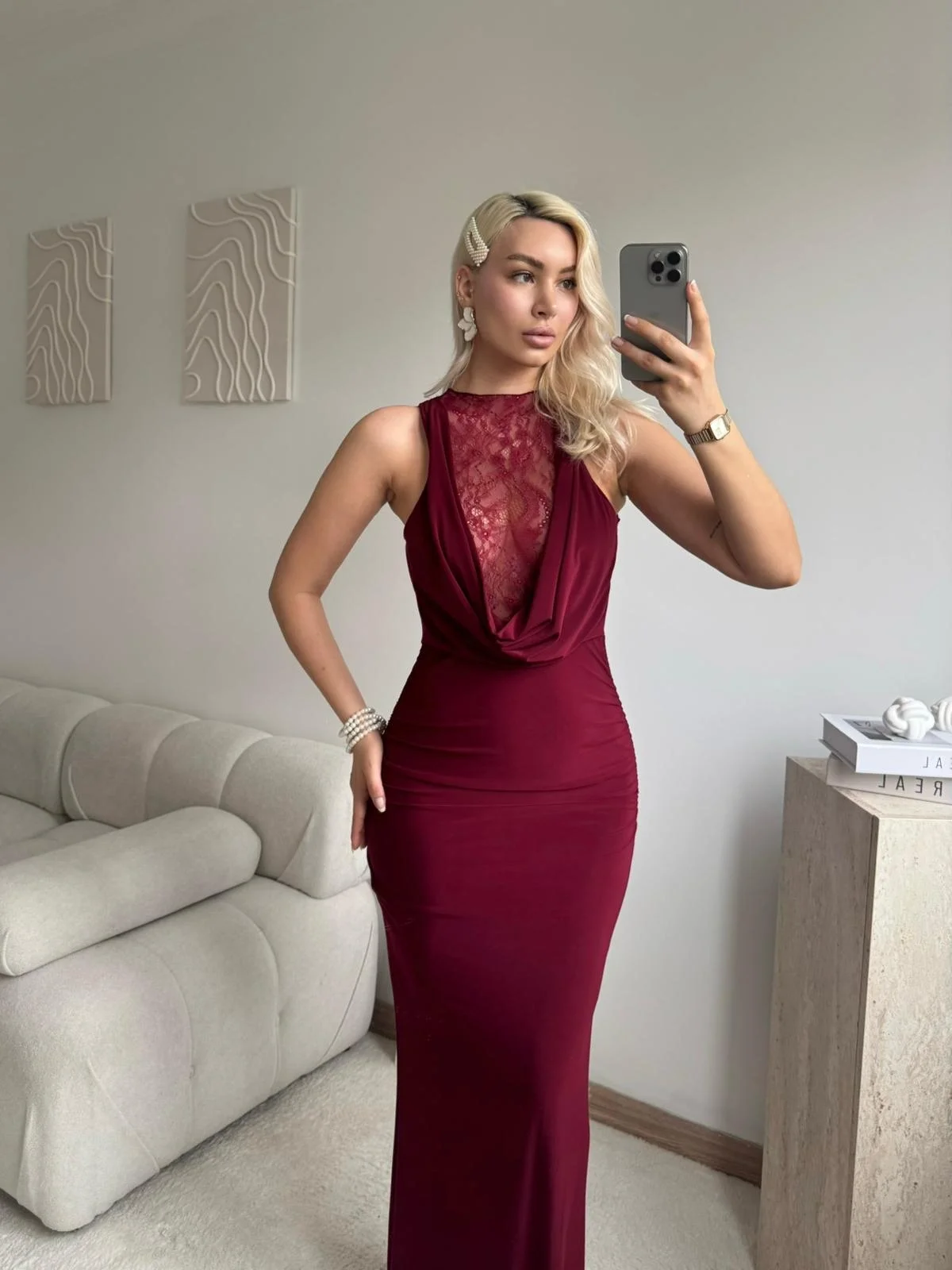 Degaje Yaka Dantel Detay Elbise - BORDO