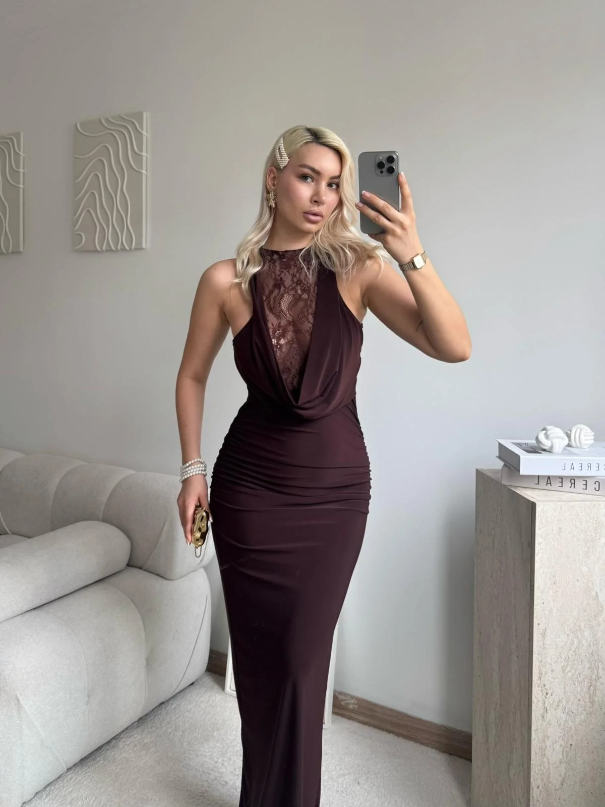 Degaje Yaka Dantel Detay Elbise - KAHVE