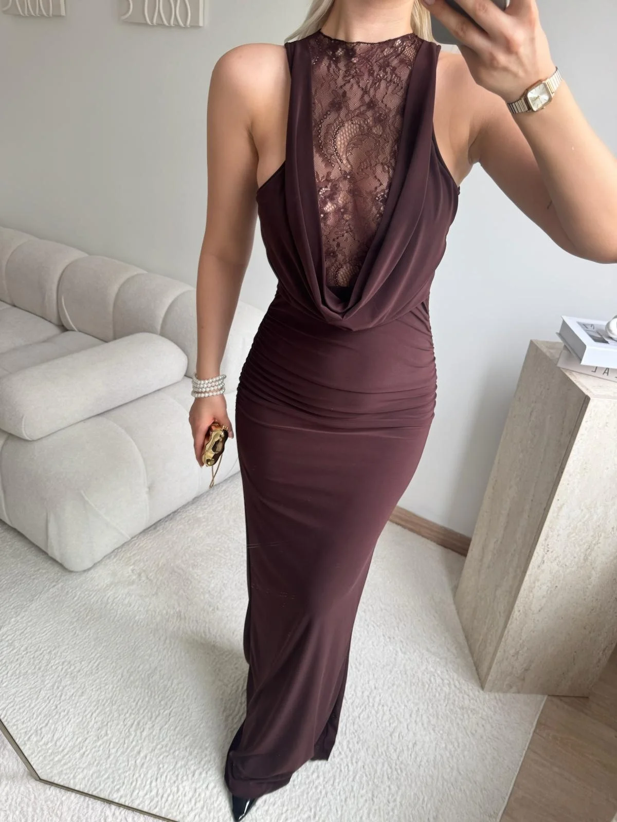 Degaje Yaka Dantel Detay Elbise - KAHVE