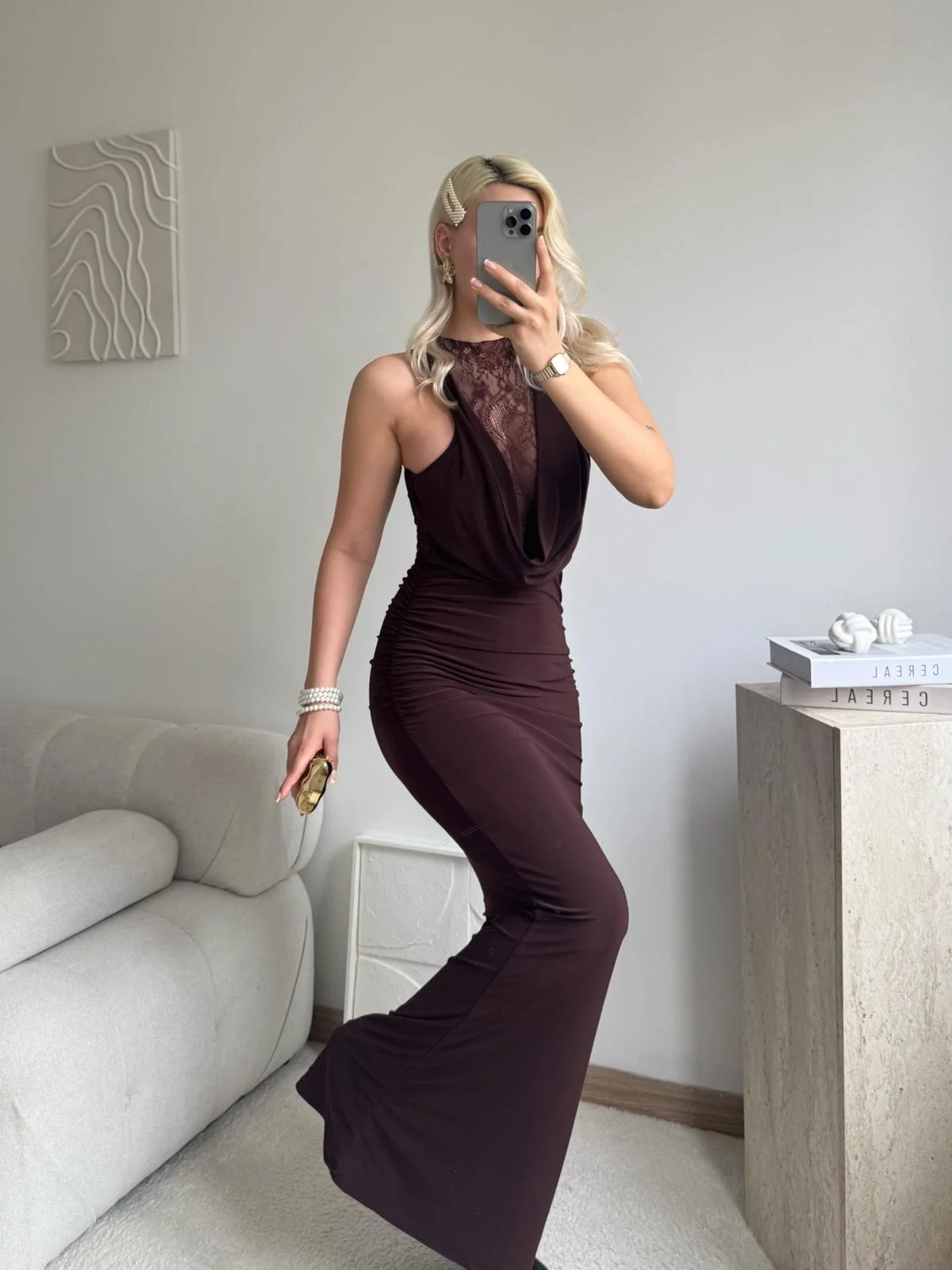 Degaje Yaka Dantel Detay Elbise - KAHVE