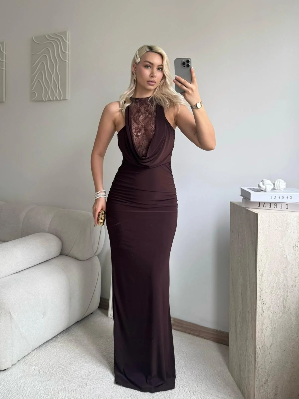 Degaje Yaka Dantel Detay Elbise - KAHVE