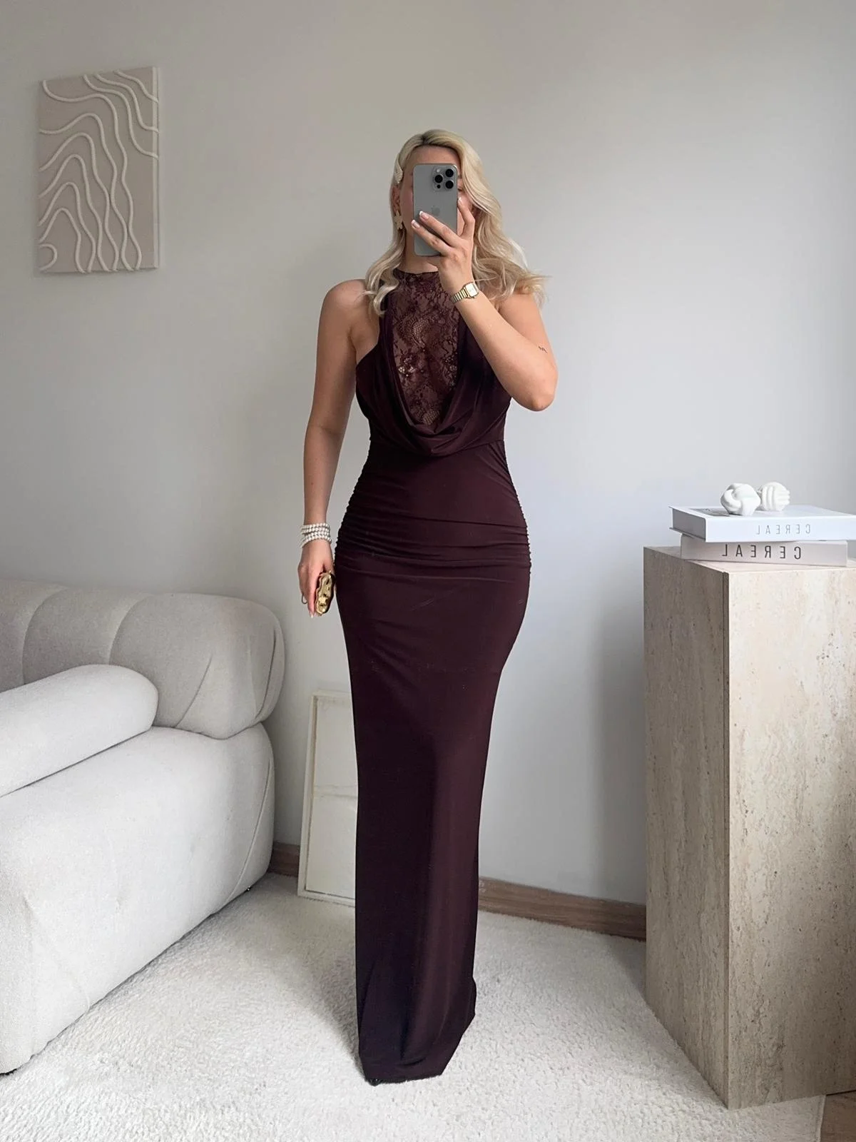 Degaje Yaka Dantel Detay Elbise - KAHVE