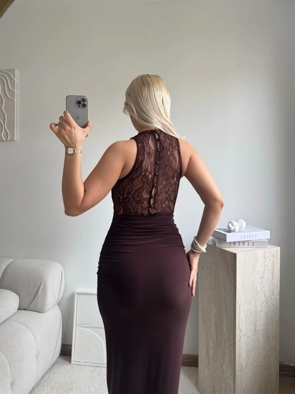 Degaje Yaka Dantel Detay Elbise - KAHVE